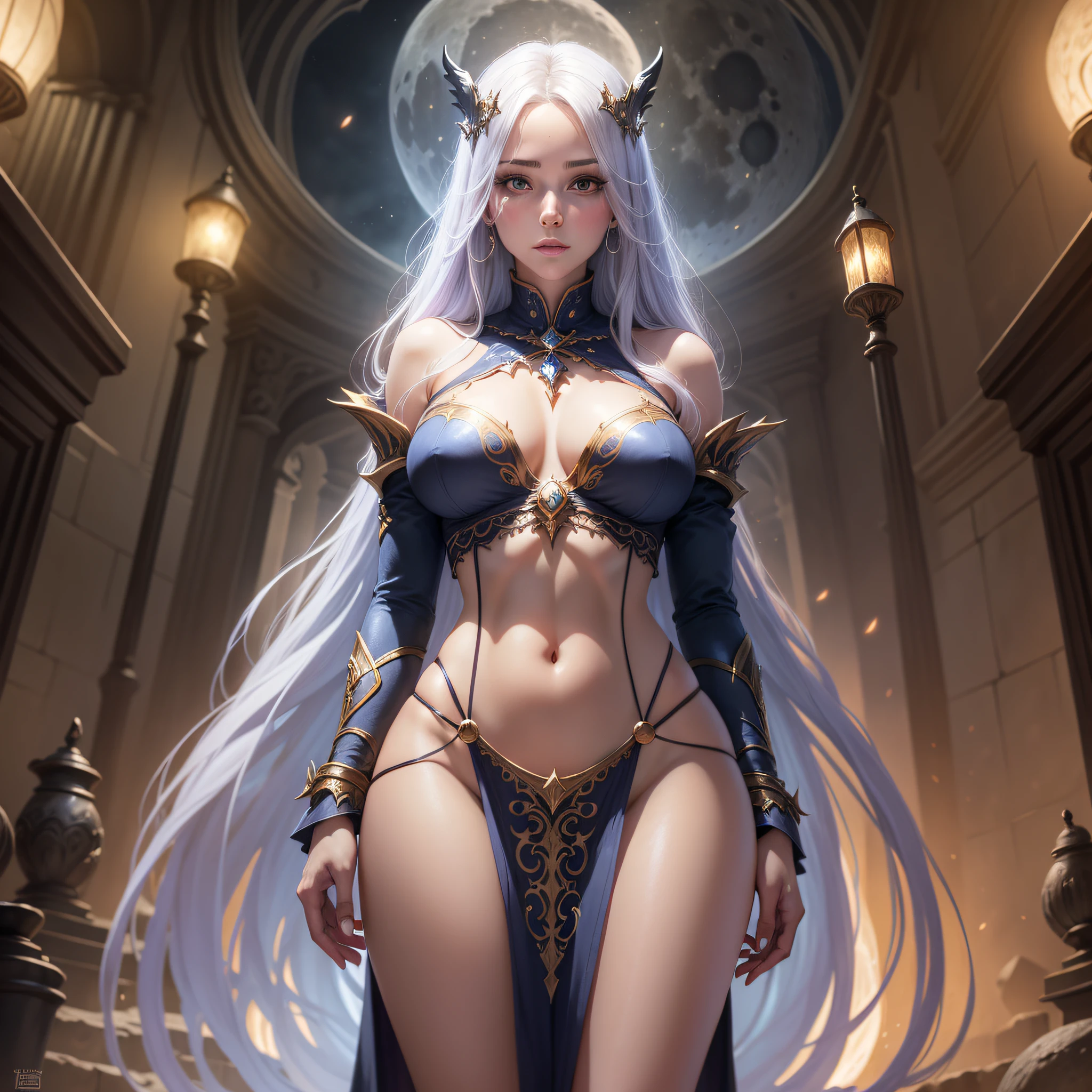 Sorceress, a young woman, gentle appearance, sensual body, realistic drawing, super detailed, light and wide clothes, in the background a full moon, (lighting in a lunar tone)
