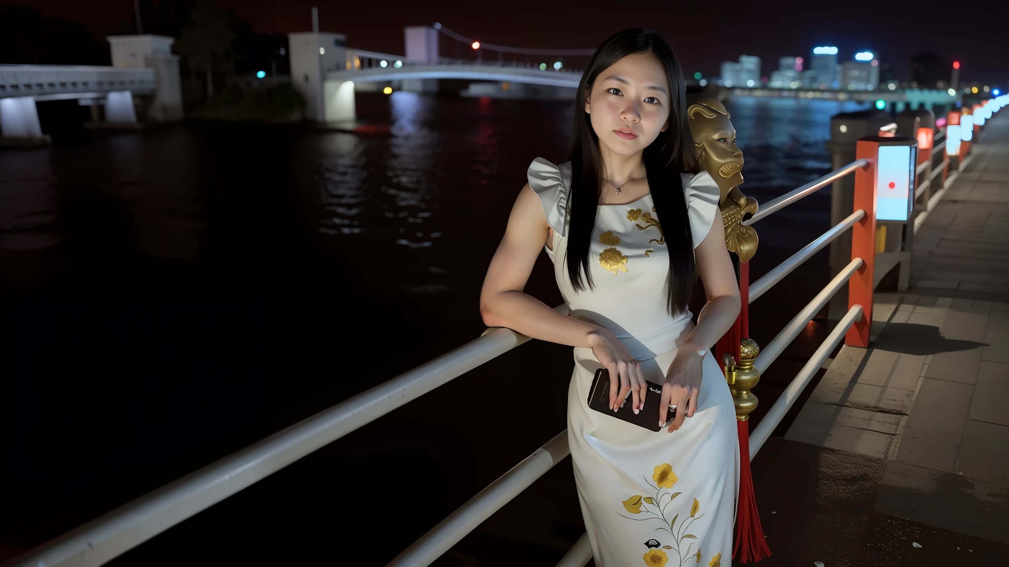 there is a woman standing on a bridge at night, photo taken at night, at night, night photo, traditional art, album art, music video, inspired by Jiao Bingzhen, inspired by Xie Sun, photo taken with canon 5d, photo taken in 2 0 2 0, at night time, chinese girl, fanart, nighttime, in the evening