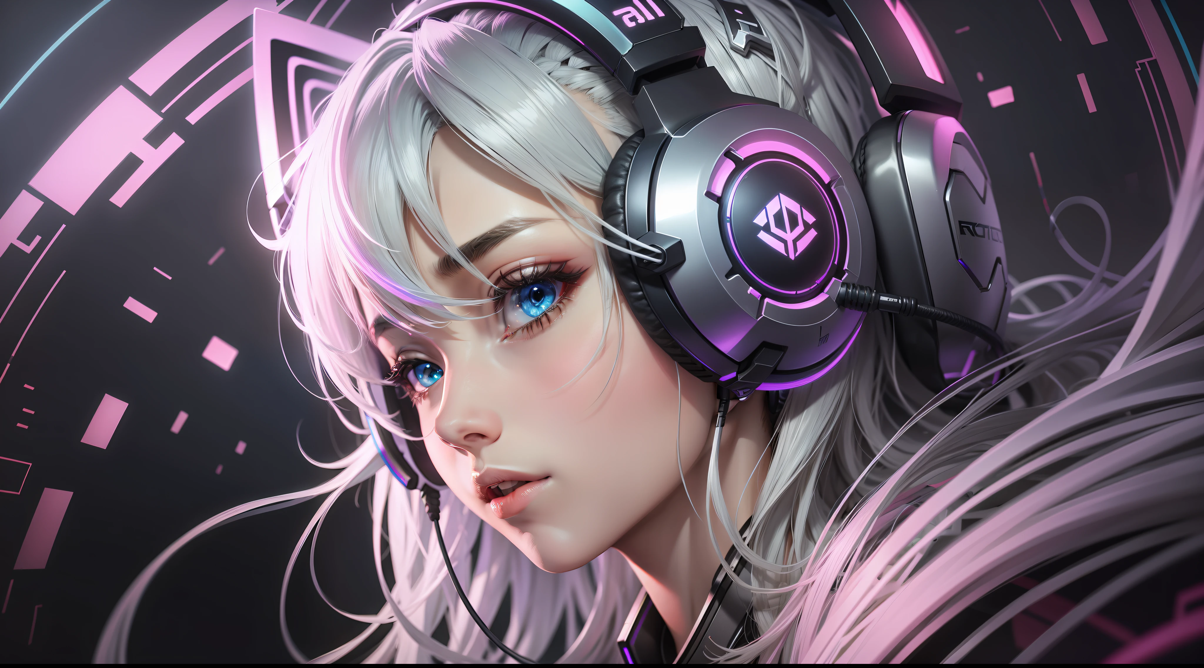 Anime RGB for background on YouTube very beautiful, ultra modern rendering, full RGB, silver hair, gamer headset.