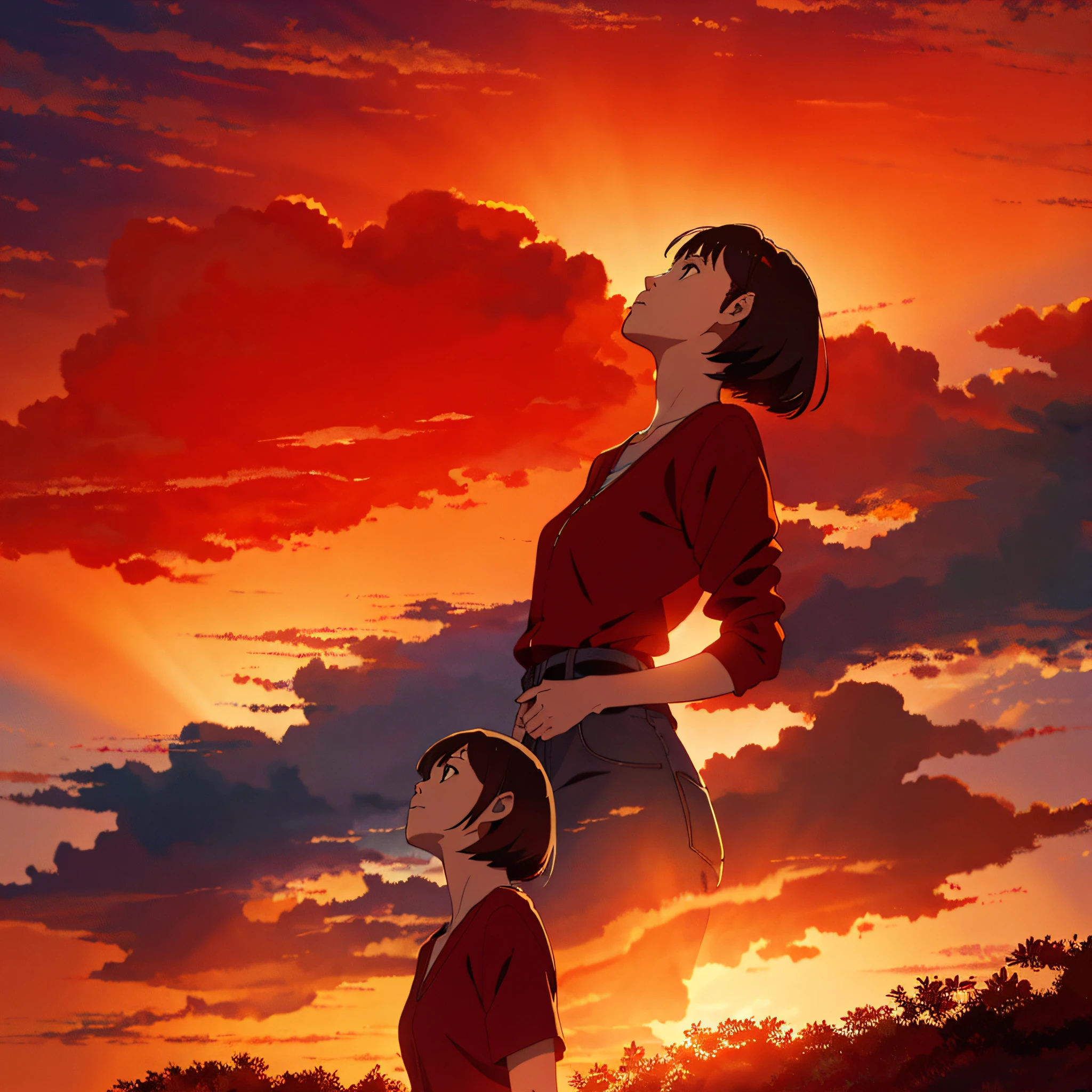 (Masterpiece: 1.2, highest quality), (Lighting) 3, detailed anime style illustration, young and very pretty woman looking up at the sunset, (glossy skin: 1.2), standing, brown short hair, bangs, low angle, face up, solo, red shirt, Makoto Shinkai, anime style, dyed red by the setting sun, the background is only red sky
