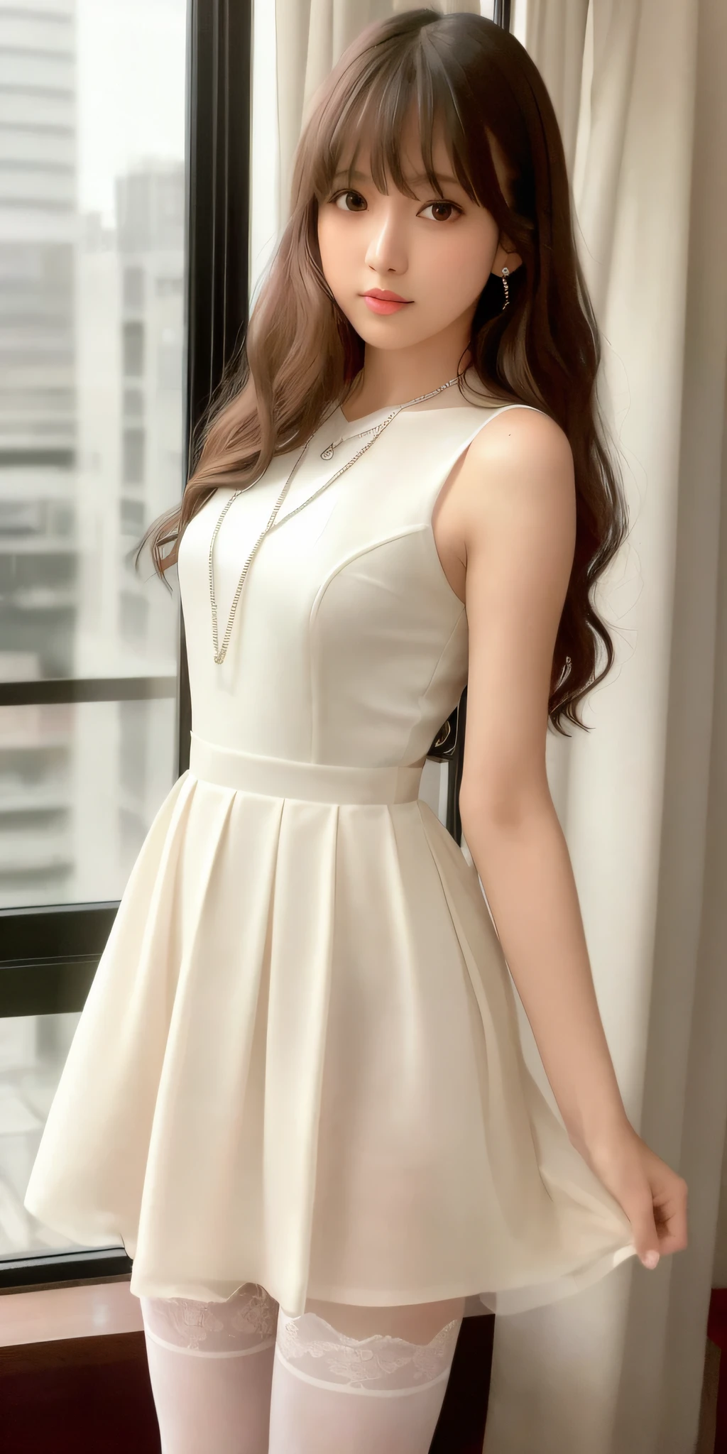 (8K, RAW Photo, Best Quality, Masterpiece: 1.2), (Realistic, Photorealistic: 1.37), Best Quality, Ultra High Resolution, Photon Mapping, Radiosity, Physically Based Rendering, Blurred, Foreground, Depth of Field, Blurred Background, Photo_\(Medium), Signs of Morning, Hotel Window, Hotel Room, Motion Blur, Girl, (Full Body), Long Legs, Thin Legs, diamond necklace, long hair, bangs, (bangs visible), hair_ornament, lips, hair clip, permed hair, curled hair, beautiful hair, solo, brown_eyes, nosesoft, sheer white blouse, mini skirt, stockings, lower,