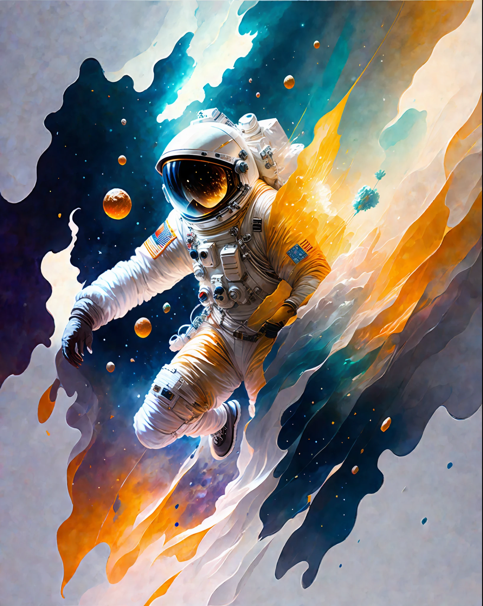 astronaut, climbing the asteroid, character render, ultra high quality model, ethereal background, abstract beauty, explosive volumetric, oil painting, heavy strokes, paint dripping