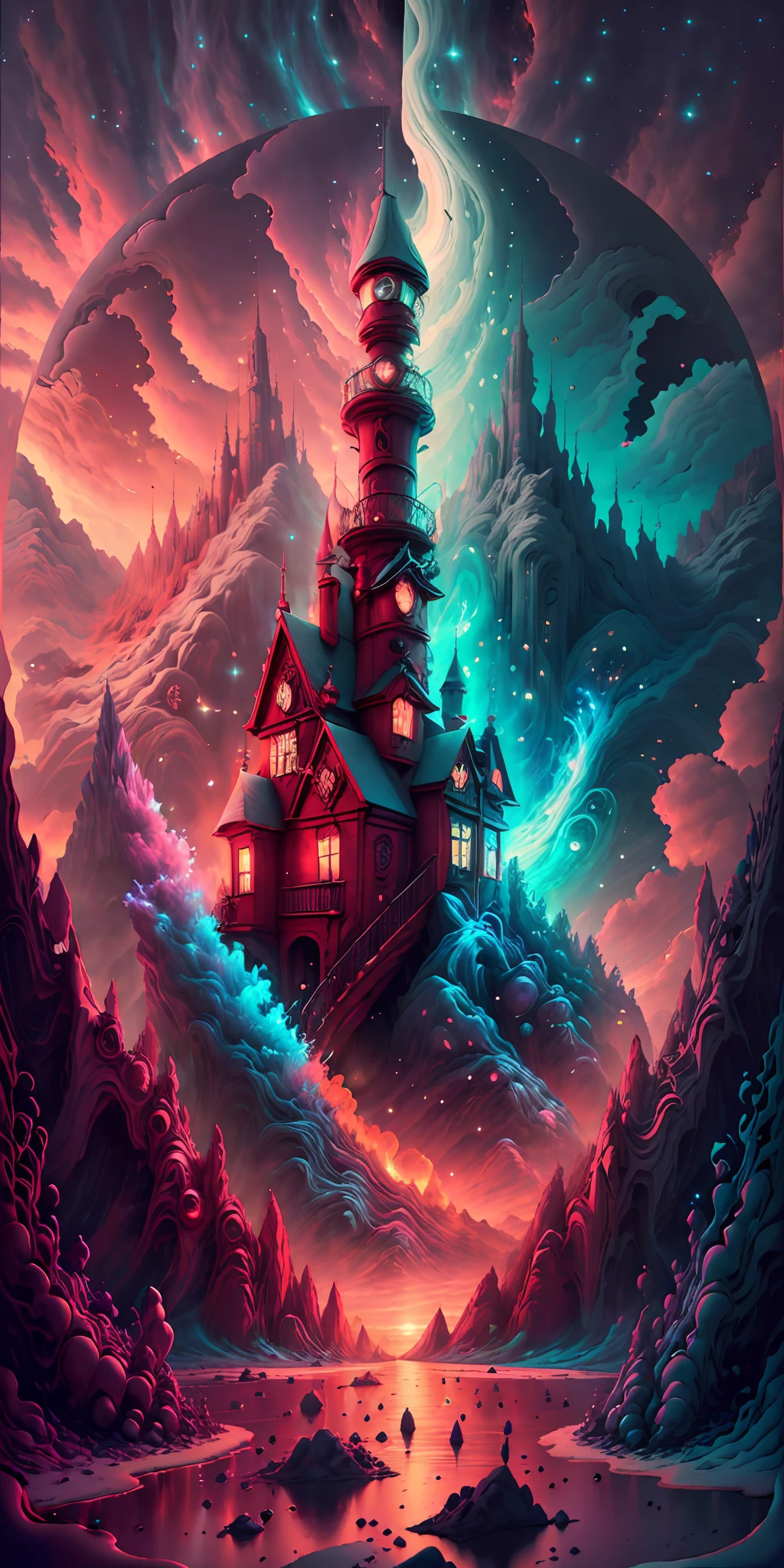fantasy00d, Pastels artwork,  landscape of a Mythical [Geneva:Beach house:3]  and Belle poque Red Dwarf, at Sunset, Energetic, 50s Art, Cathode tube, (art by Abram Efimovich Arkhipov:0.8),