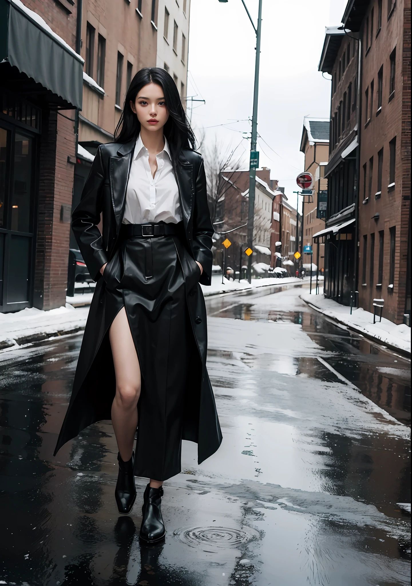 ((Master piece, best quality, raw photo))Mode fashion, Black, Inner is a shirt, Outer is a tailored jacket, Mode skirt, Highly designed clothes, Stylish, Only one model, Model is a transcendently beautiful Caucasian woman, Model has blue eyes, Hairstyle is black hair, Model is a live-action picture, Model reflects the whole body up to the feet, Snowy landscape, Winter clothes