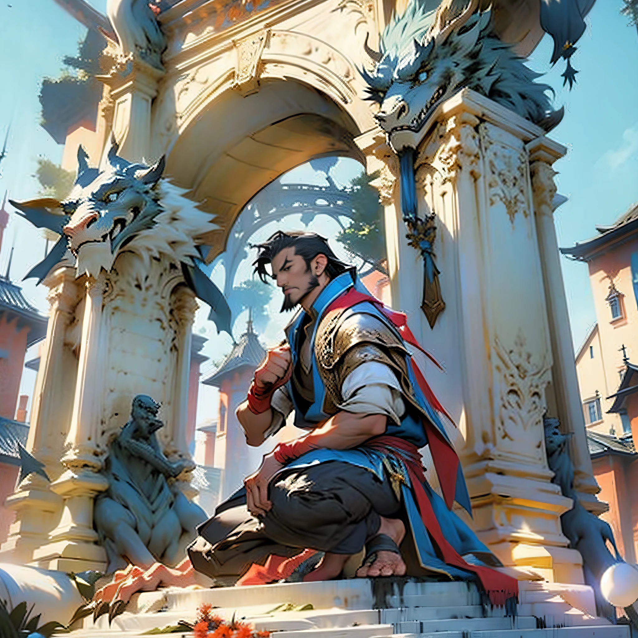 In front of the statue, a man kneels and kowtows