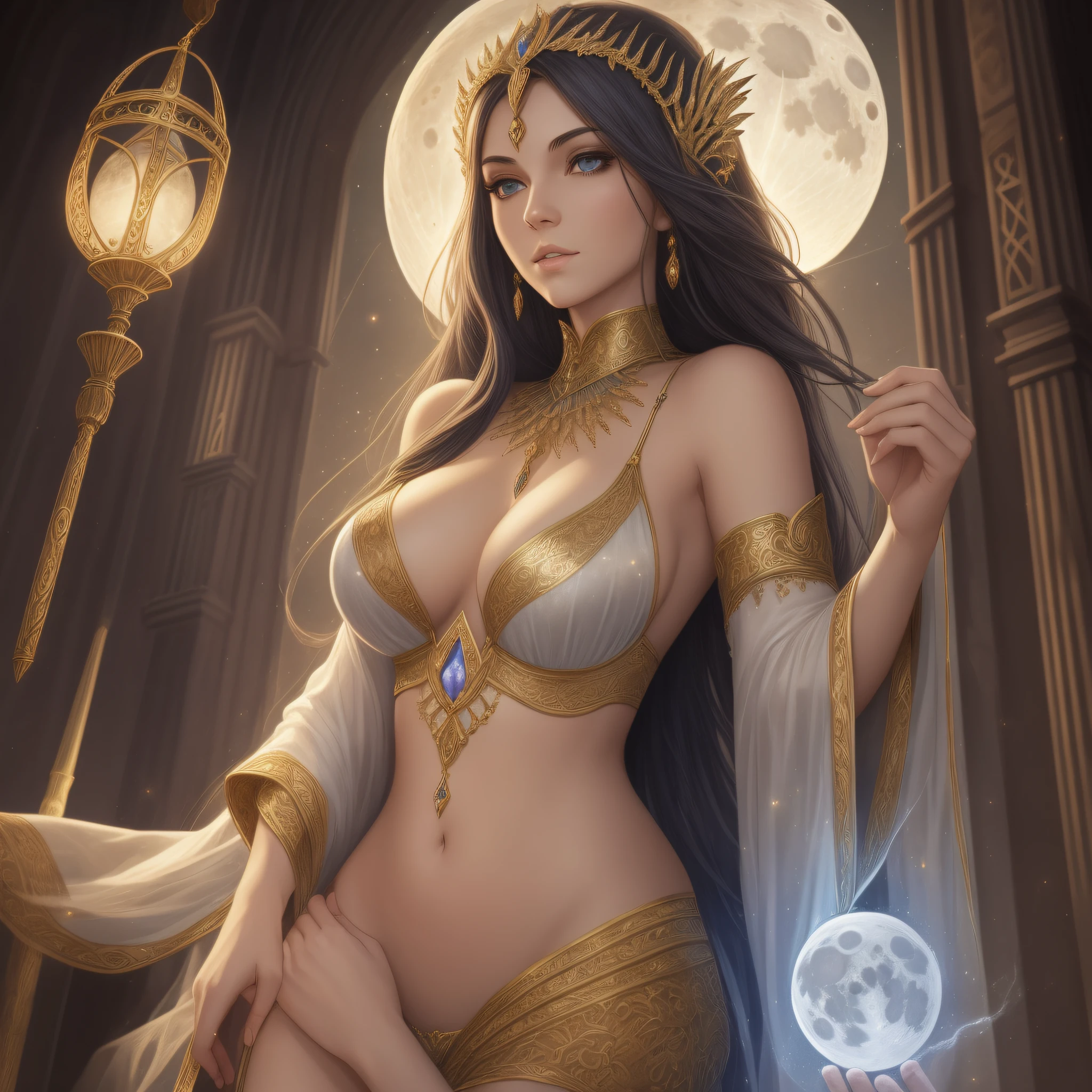 Sorceress, a young woman, gentle appearance, sensual body, realistic drawing, super detailed, light and wide clothes, in the background a full moon, (lighting in a lunar tone)