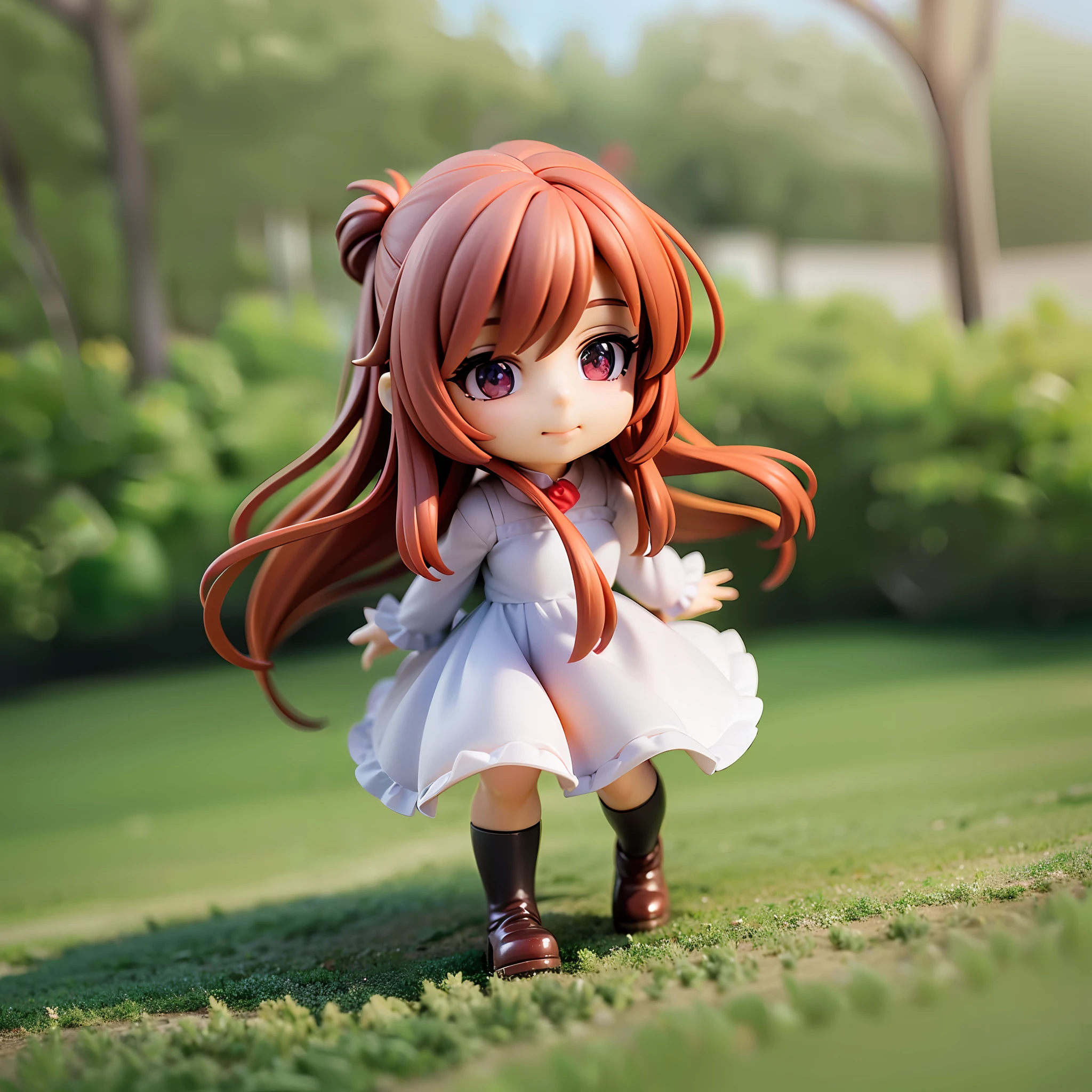 Red Hair, Casual Clothes, Hazel Eyes, Wavy Long Hair,1girl, on grass, sunlight,beautiful eye,full body, chibi, [realistic], [3d], smile, closed mouth,(8k, RAW photo, best quality, masterpiece:1.2), ultra high res, (((realistic, photo-realistic))), professional lighting, detailed lighting, professional photography, fisheye, dynamic angle, high quality, high res, extremely detailed, bloom,depth of field, sketch, sharp focus, soft lighting, good composition, god light highlight, detailed, (((photorealistic details))), detailed skin, to8contrast style