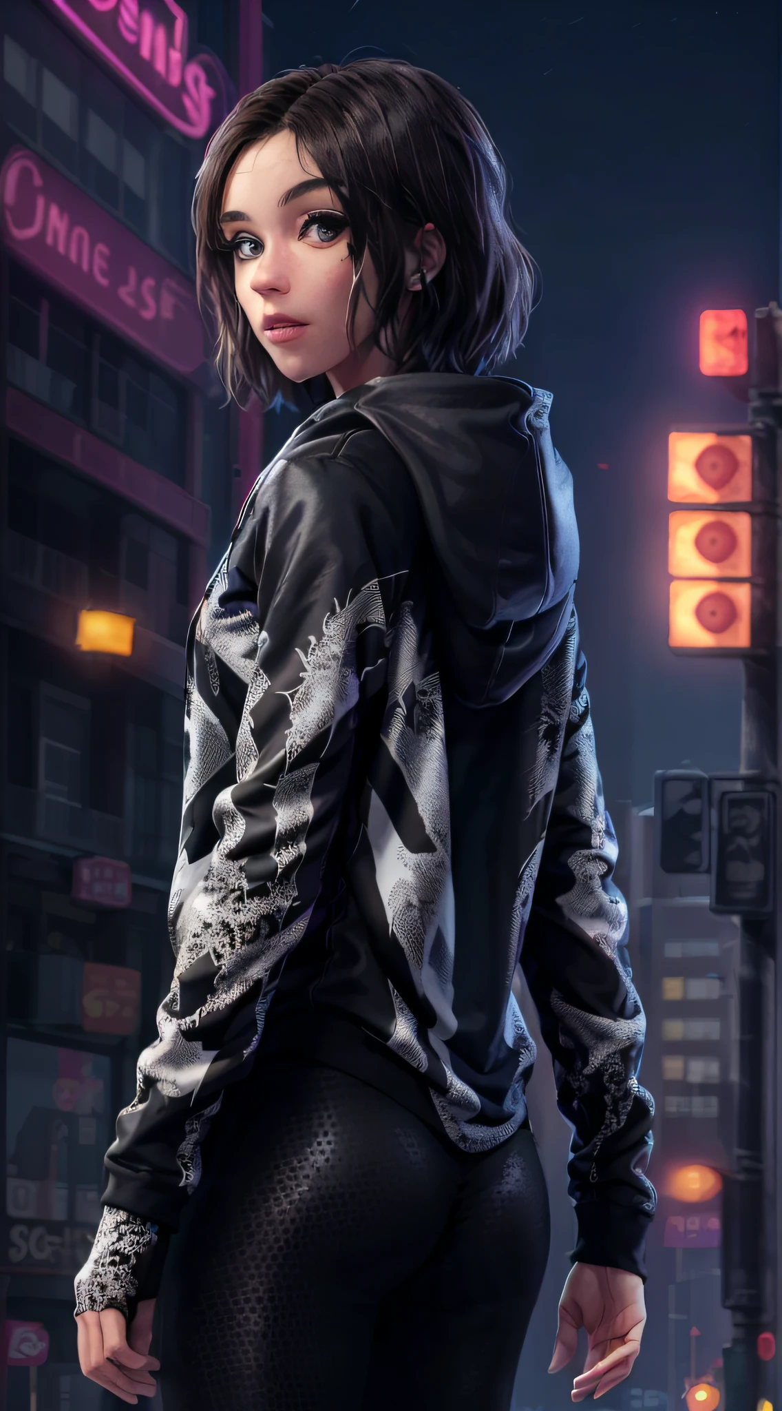 The movie poster features a young woman as the central character. She stands confidently in the center of the poster, wearing a black and white hooded sweatshirt with a cobweb print on her clothes, a big white spider icon on her chest. The background is a city street full of neon lights, there is a sense of danger and intensity.  tachi-e (magazine:1.3), (cover-style:1.3),