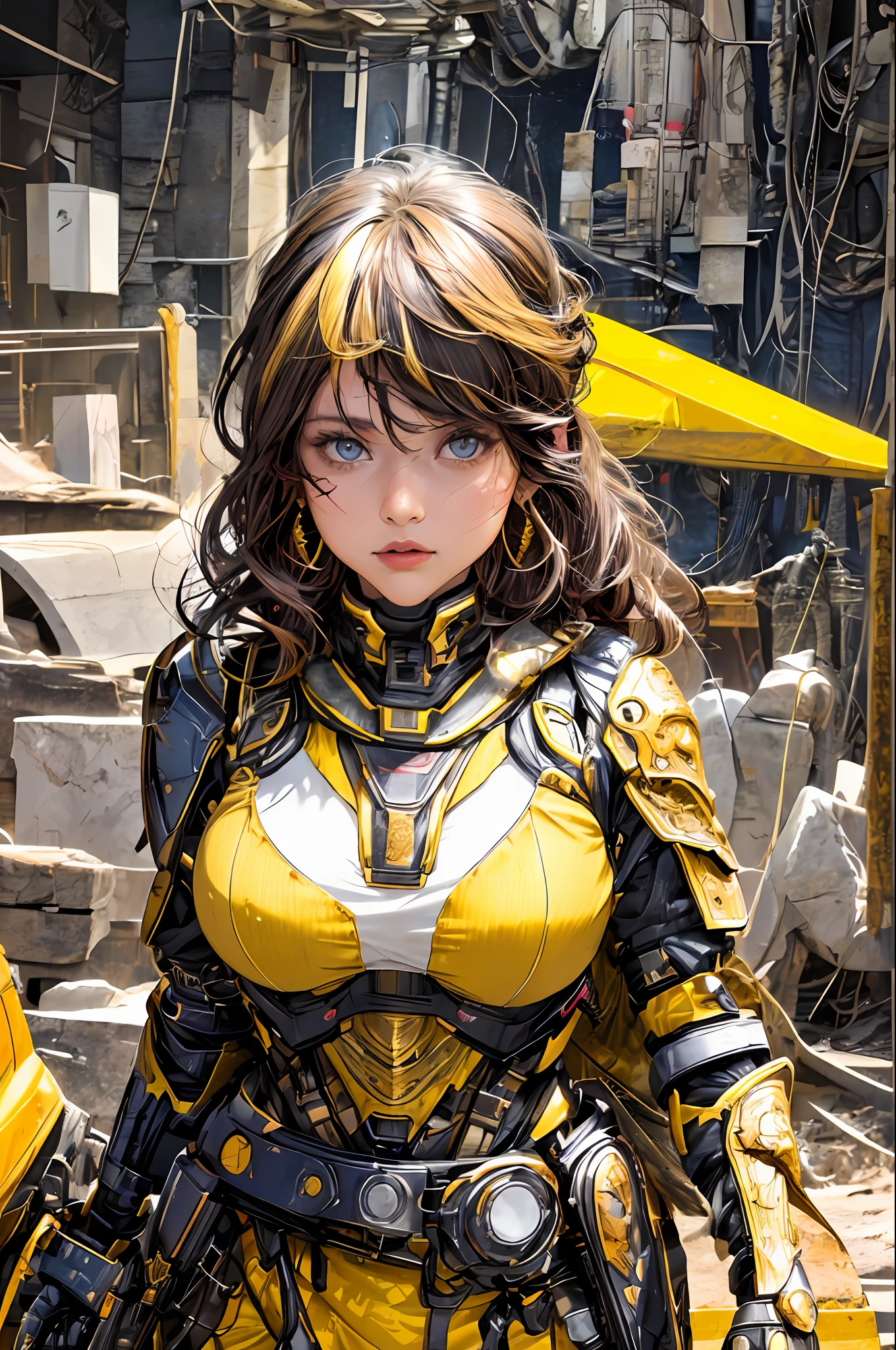 (1girl:1.3), looking at viewer, (exoskeleton suit, Maven, Average Height, Toned, Round Face, Olive Skin, Brunette Hair, Blue Eyes, Wide Nose, Full Lips, Receding Chin, Long Hair, Straight Hair, Wavy Updo, soft breasts, Threader earrings, golden, matte lipstick, Dystopian metropolis),(masterpiece, best quality, detailed shiny skin:1.2), flawless, 8k, RAW, highres,absurdres,