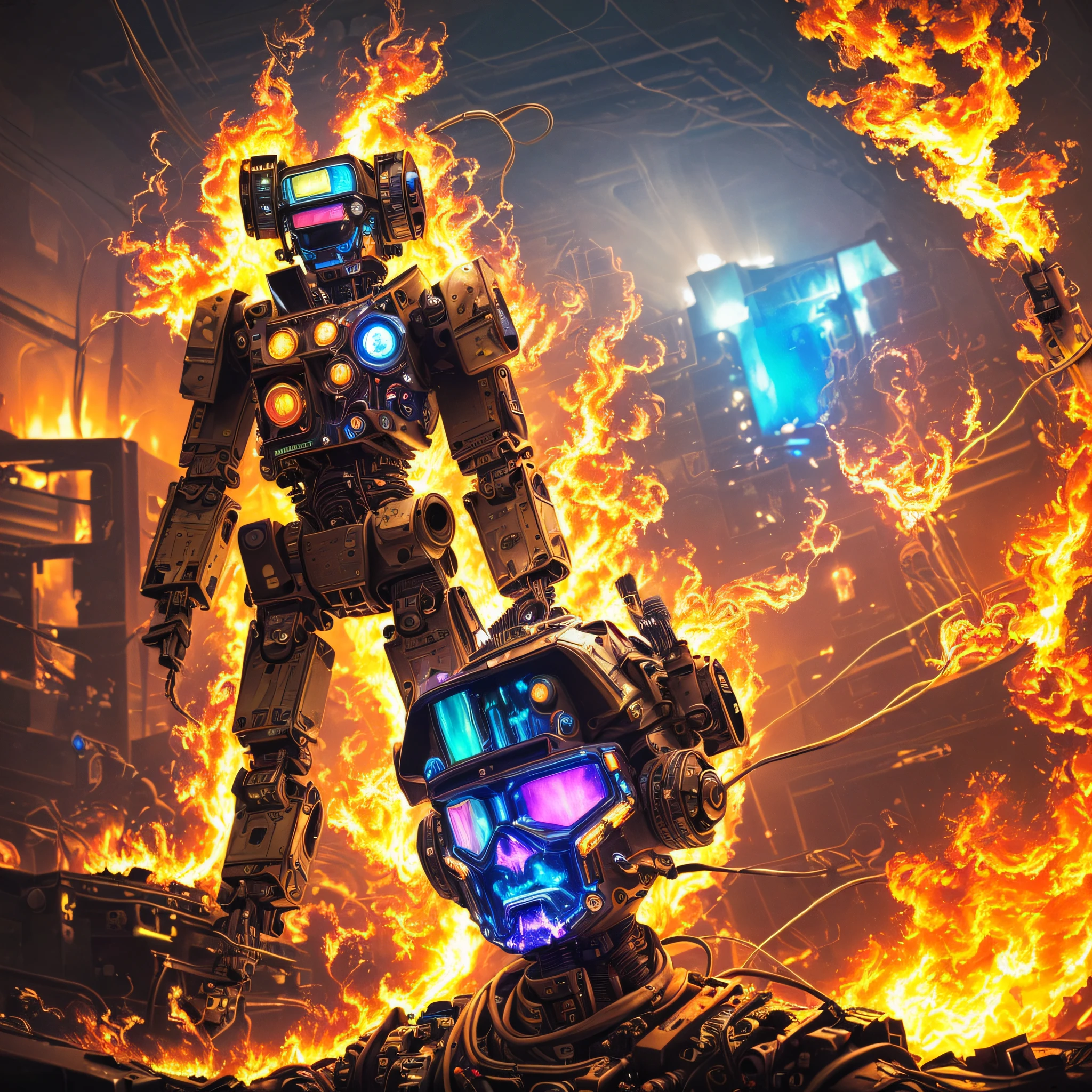 (masterpiece, best quality, highres, absurdres, detailed:1.2), humanoid, robot, wearing headphones, painting, looking away, (cyberpunk, art canvas, paint brush, iridescent, holographic: 1.6), (cables, wires, flames, fire, smoke, overheat, explosion, fired everywhere, indoors, room, electrical circuit room fired on mars background)