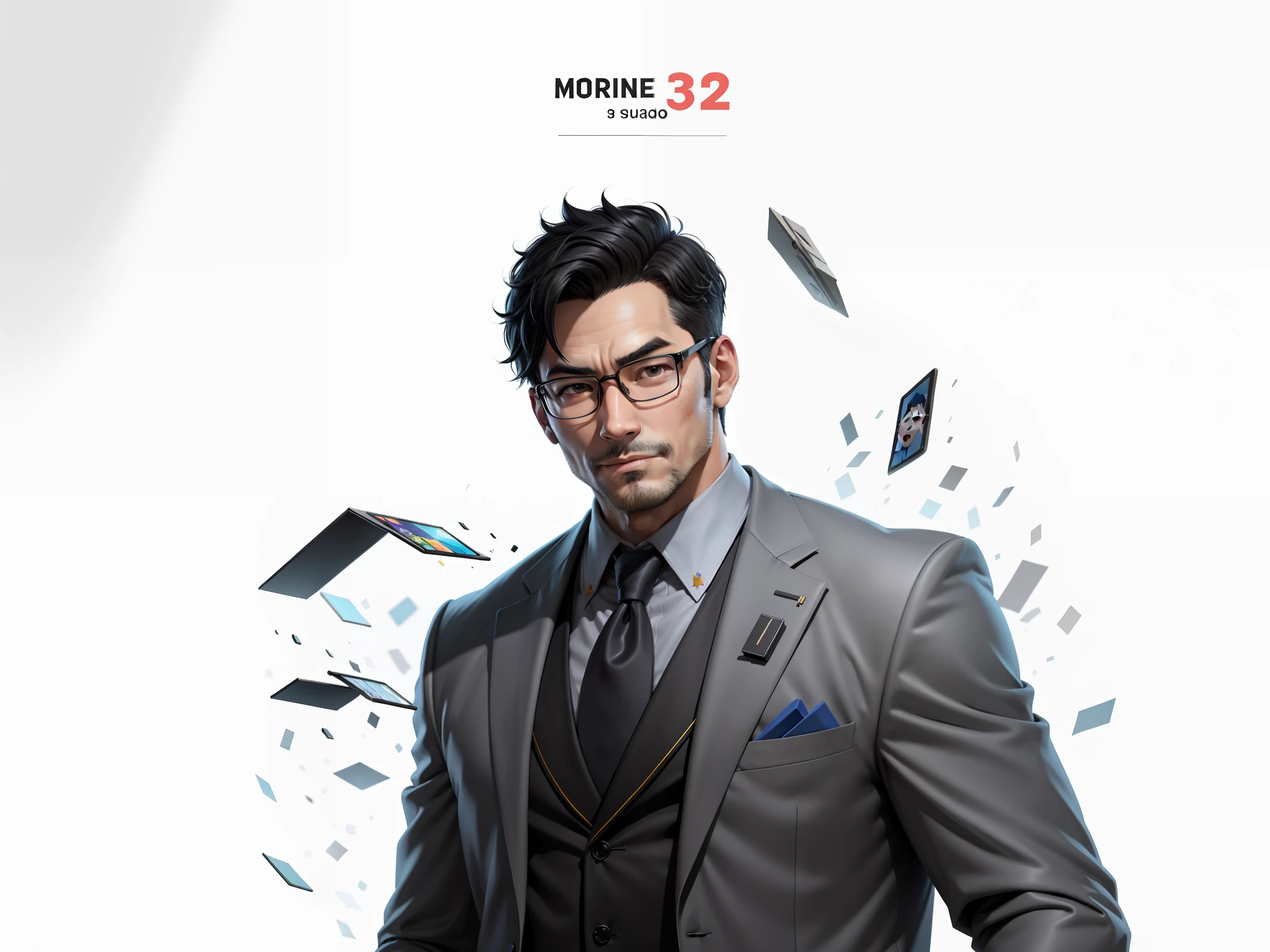 Super young, Japanese suit man, 35 years old, silver glasses, slightly chubby face, clean face, no beard on chin, black super short hair, black eyes, black suit, blue tie, confident smile, digital painting, film, 3D character design by Mark Claireden and Pixar and Hayao Miyazaki, the illustration is a high-definition illustration in 4K resolution with very detailed facial features and cartoon-style visuals.
