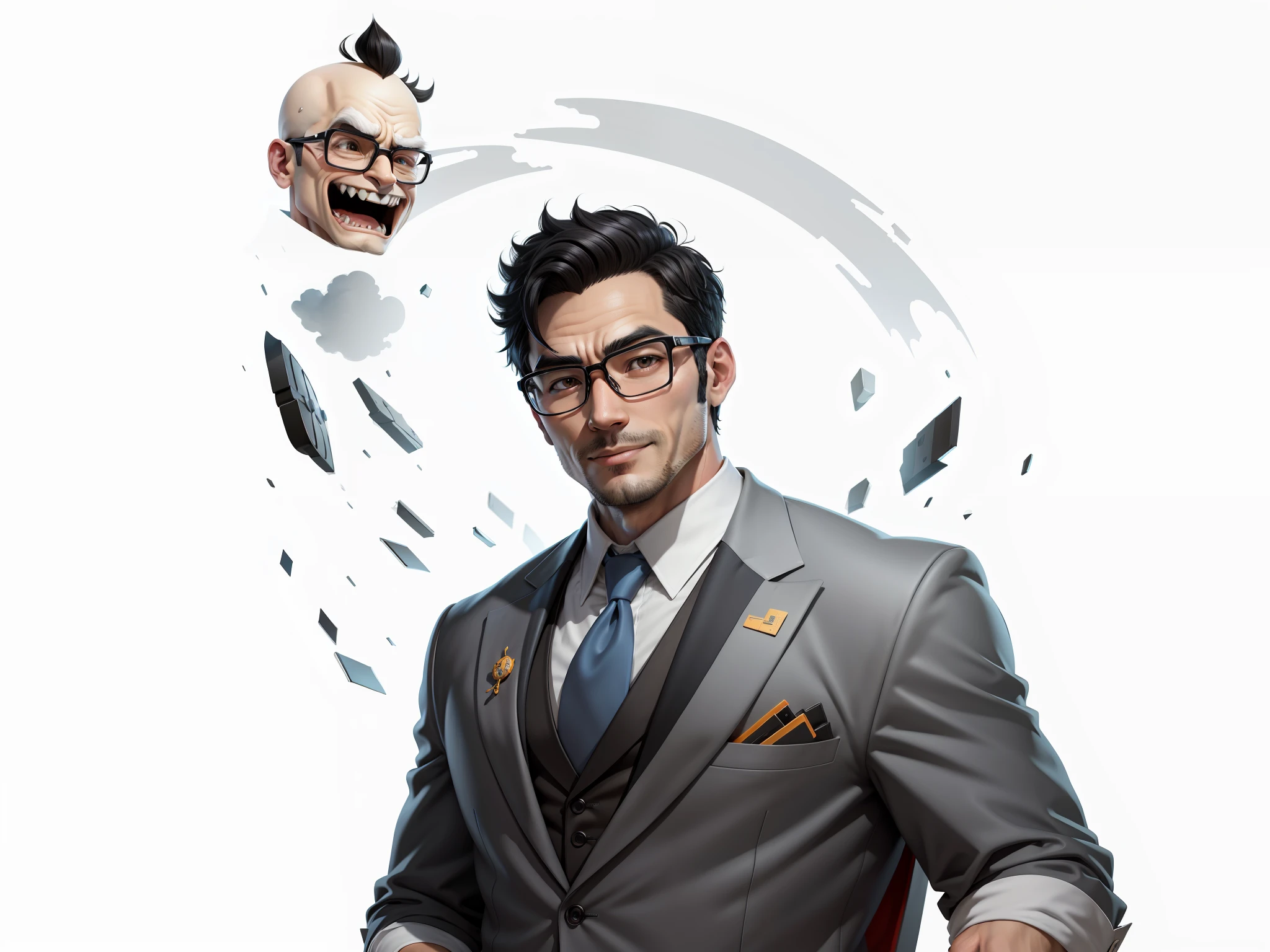 Super young, Japanese suit man, 35 years old, silver glasses, slightly chubby face, clean face, no beard on chin, black super short hair, black eyes, black suit, blue tie, confident smile, digital painting, film, 3D character design by Mark Claireden and Pixar and Hayao Miyazaki, the illustration is a high-definition illustration in 4K resolution with very detailed facial features and cartoon-style visuals.