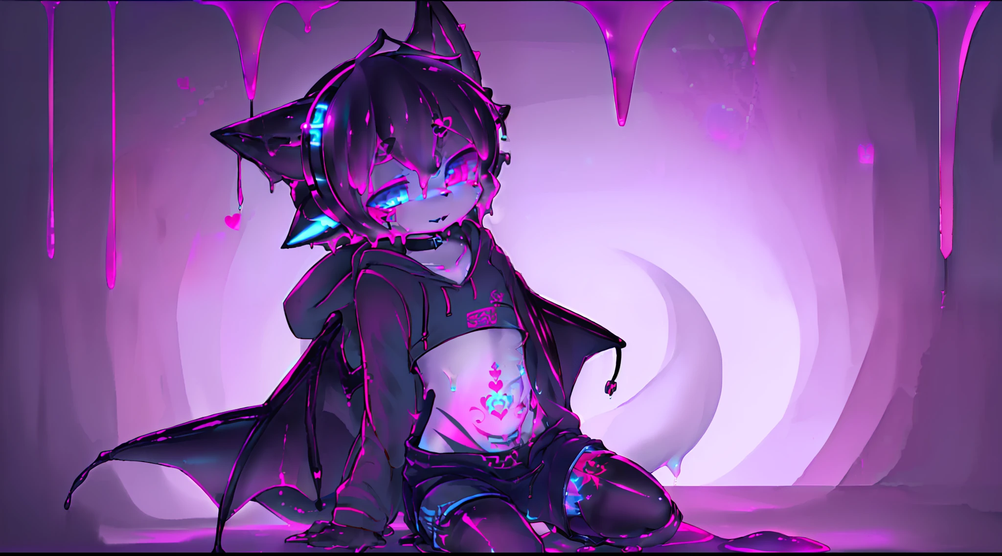 Black Fox, ((Black body, White Body:1.5)), (((masterpiece))), collar, (Dragon Wings:1.45), (headphones:1.4), short hair, black hair, blush, (headphones:1.55), ((Thigh High Socks, Femboy Clothing, Femboy Femboy Thigh Highs:1.2)), ((a blue eyes, a pink eyes:1.55)), (((Femboy))), full body, ((womb tattoo, glowing tattoo:1.52)), ((guy look like womens:1.52)), (fox tail:1.52), Full HD, 8K, ((short pant, Hoodie crop:1.52)), (small breasts:1.25), (Goo:1.35)