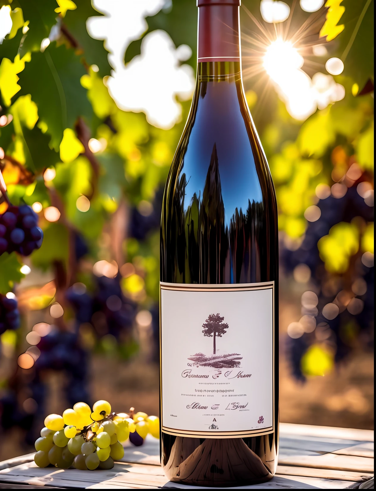 a bottle of wine on top of a wooden table, in the middle of a grape plantation, on a cold but sunny day. with sun rays hitting the bottle. --auto --s2
