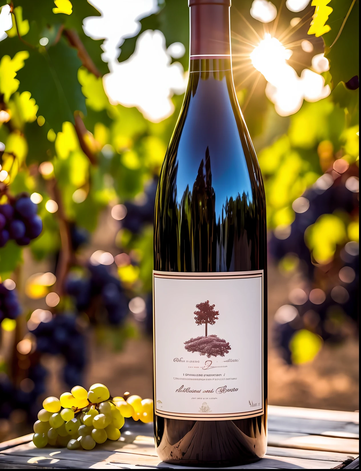 a bottle of wine on top of a wooden table, in the middle of a grape plantation, on a cold but sunny day. with sun rays hitting the bottle. --auto --s2