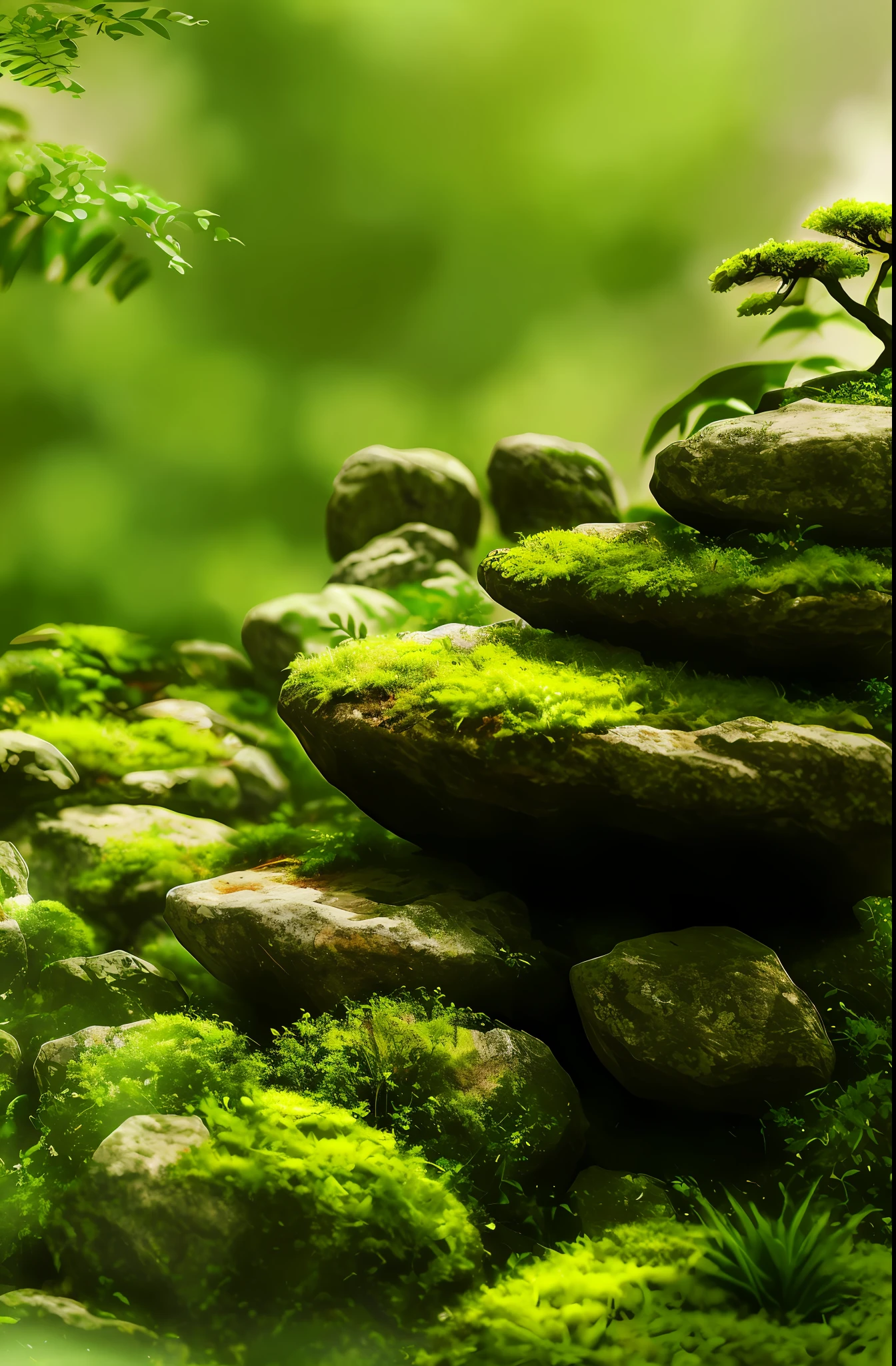 Rocks on meadow, pastel forest background, miniature forest, nature realistic rendering, moss and ferns, nature background, zen nature background, forest detail, nature wallpaper, nature background, forest background, forest theme, lush plants and bonsai tree, depth of field background, biophilic mood, green plant forest, forest theme