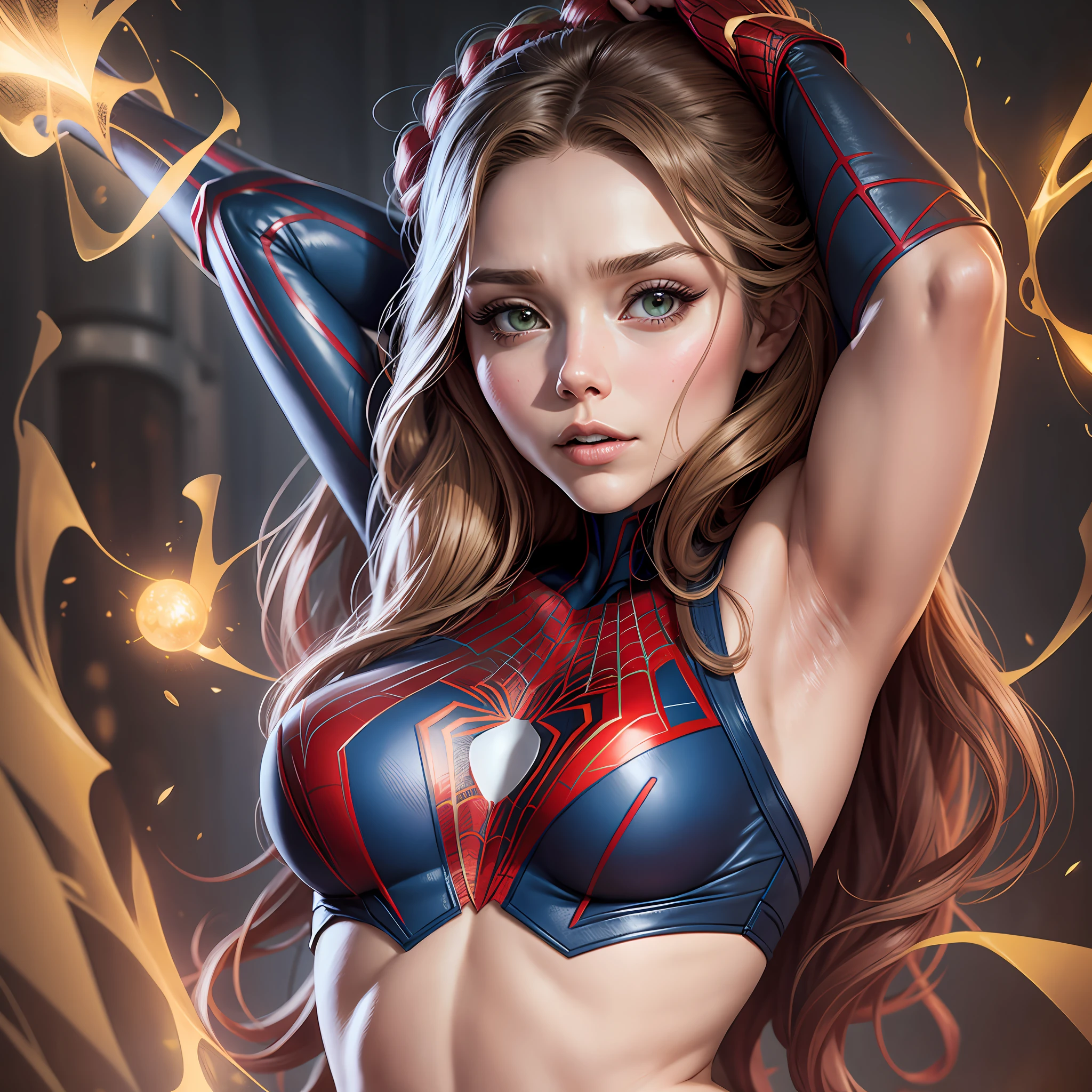 Elizabeth Olsen detailed defined body using spider-man cosplay, small breasts --auto --s2