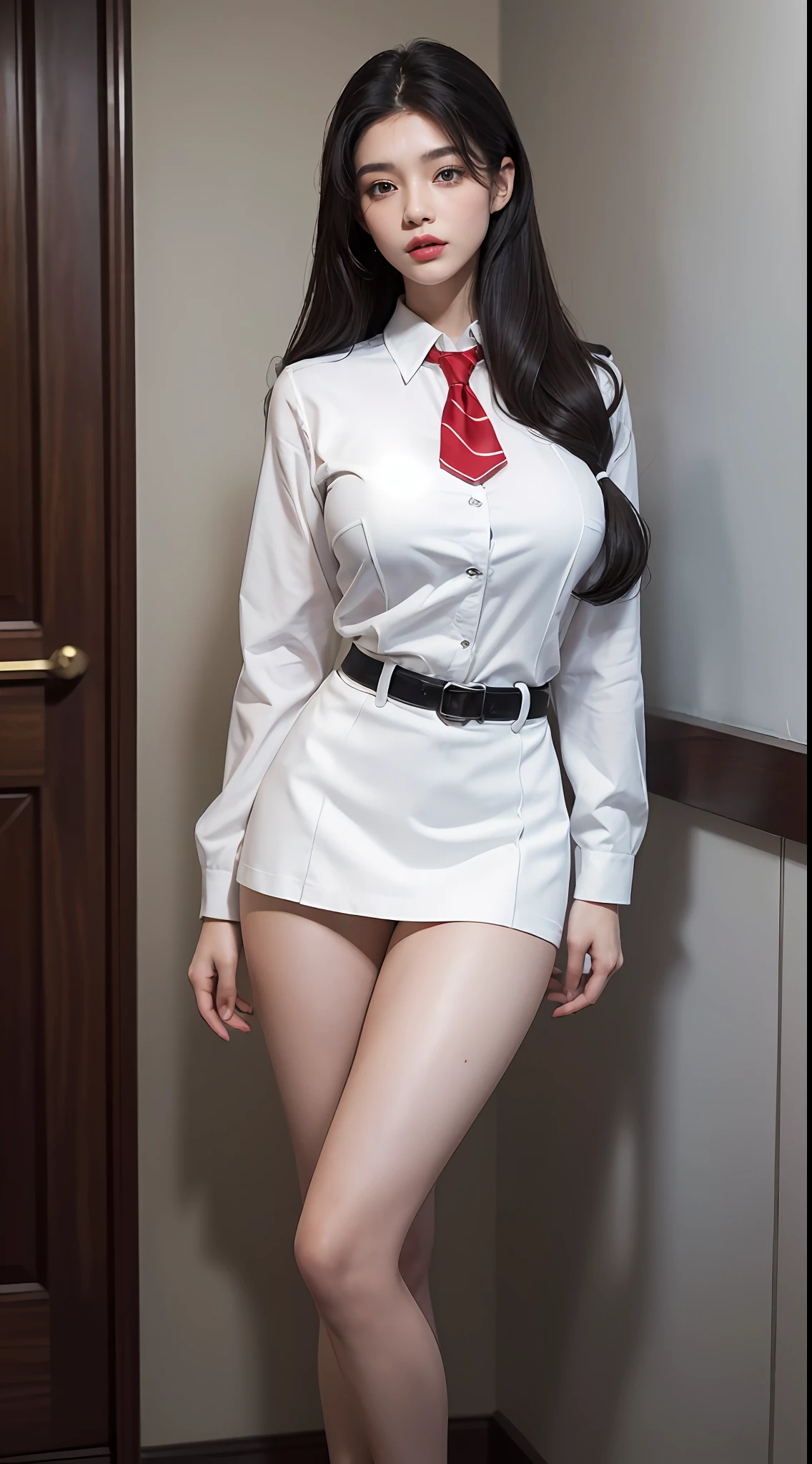 ((Top quality, 8k, Masterpiece: 1.3)), 1 girl, beauty: 1.2, (random hairstyle), ((sexy JK uniform)), (gaze at the loved one), super detailed face, detailed eyes, double eyelids, white straight hair, (((large)), correct anatomy, perfect body, standing, long legs, red lips, big breasts