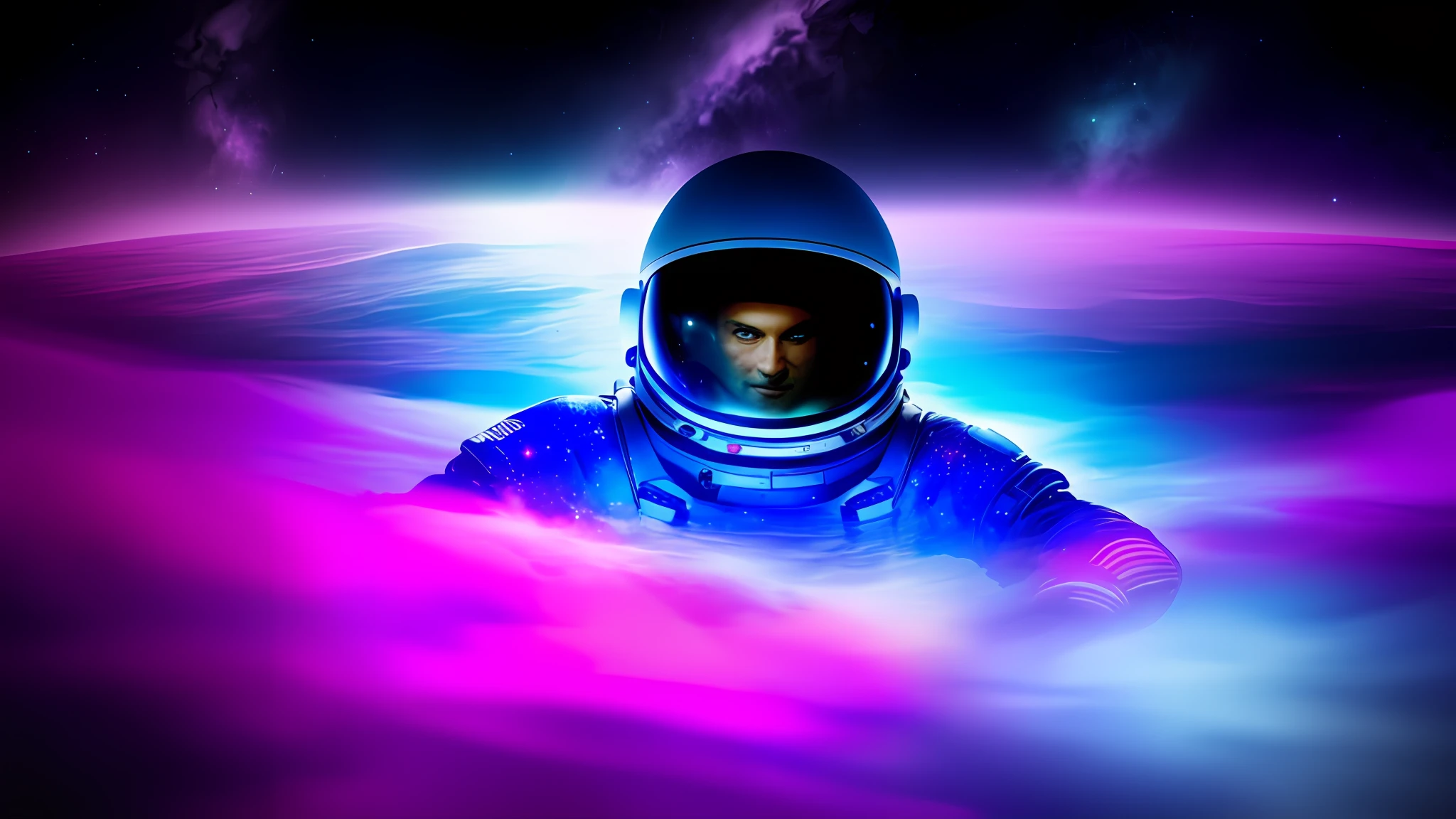 astronaut floating in a pool of water with a purple and blue background, floating in space, floating in the cosmos nebula, floating in a cosmic nebula, floating in outer space, floating in a nebula, floating across the cosmic ocean, floating in the universe, floating in deep space, floating through space, floating on space, swimming in space, drifting in space, in space --auto --s2