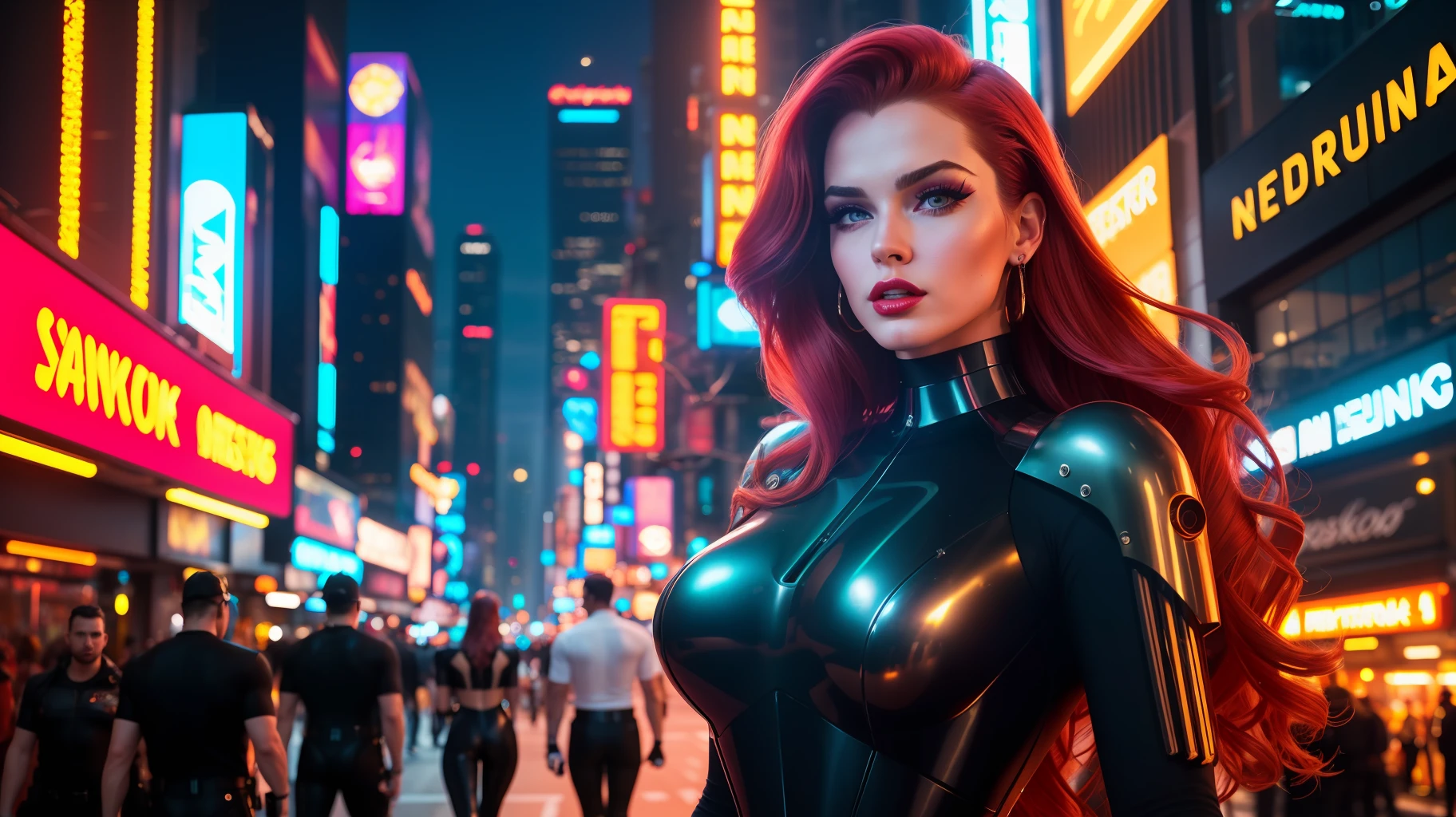 photo of a Jessica Rabbit wearing a starship troopers suit, lipstick, in a street bustling with neon signs, starship troopers aesthetics, cyberpunk aesthetics, long hair, ((portrait)), ((detailed face:1.2)), ((detailed facial features)), (finely detailed skin), pale skin, (detailed high neckline cyberpunk cyberpunk steel dress), cyberpunk megacity environment, (cool colors), damp, damp, reflections, (masterpiece) (perfect proportion)(realistic photo)(best quality)  (detailed) photographed on a Canon EOS R5, 50mm lens, F/2.8, HDR, (8k) (wallpaper) (cinematic lighting) (dramatic lighting) (sharp focus) (intricate)