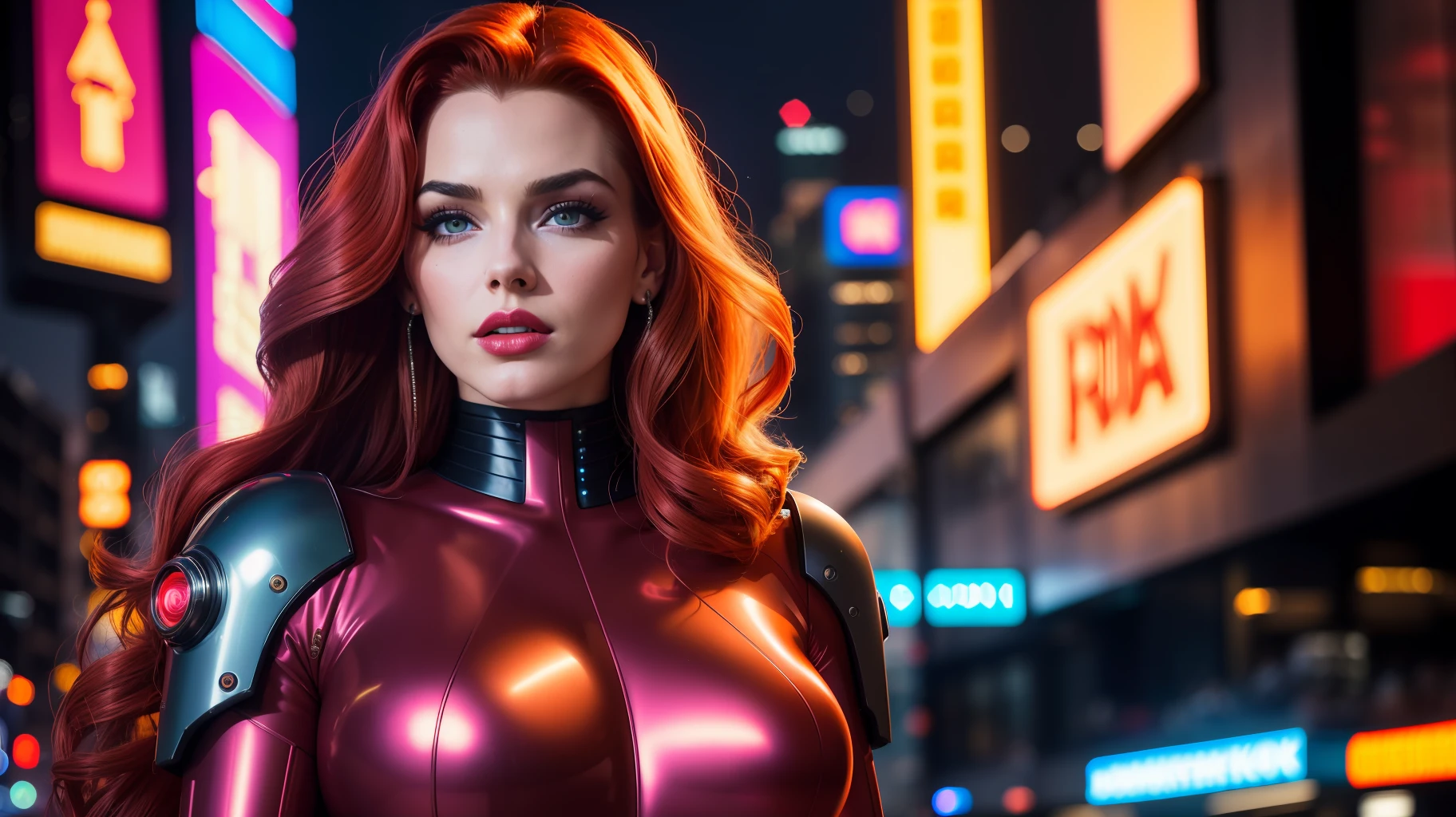 photo of a Jessica Rabbit wearing a starship troopers suit, lipstick, in a street bustling with neon signs, starship troopers aesthetics, cyberpunk aesthetics, long hair, ((portrait)), ((detailed face:1.2)), ((detailed facial features)), (finely detailed skin), pale skin, (detailed high neckline cyberpunk cyberpunk steel dress), cyberpunk megacity environment, (cool colors), damp, damp, reflections, (masterpiece) (perfect proportion)(realistic photo)(best quality)  (detailed) photographed on a Canon EOS R5, 50mm lens, F/2.8, HDR, (8k) (wallpaper) (cinematic lighting) (dramatic lighting) (sharp focus) (intricate)