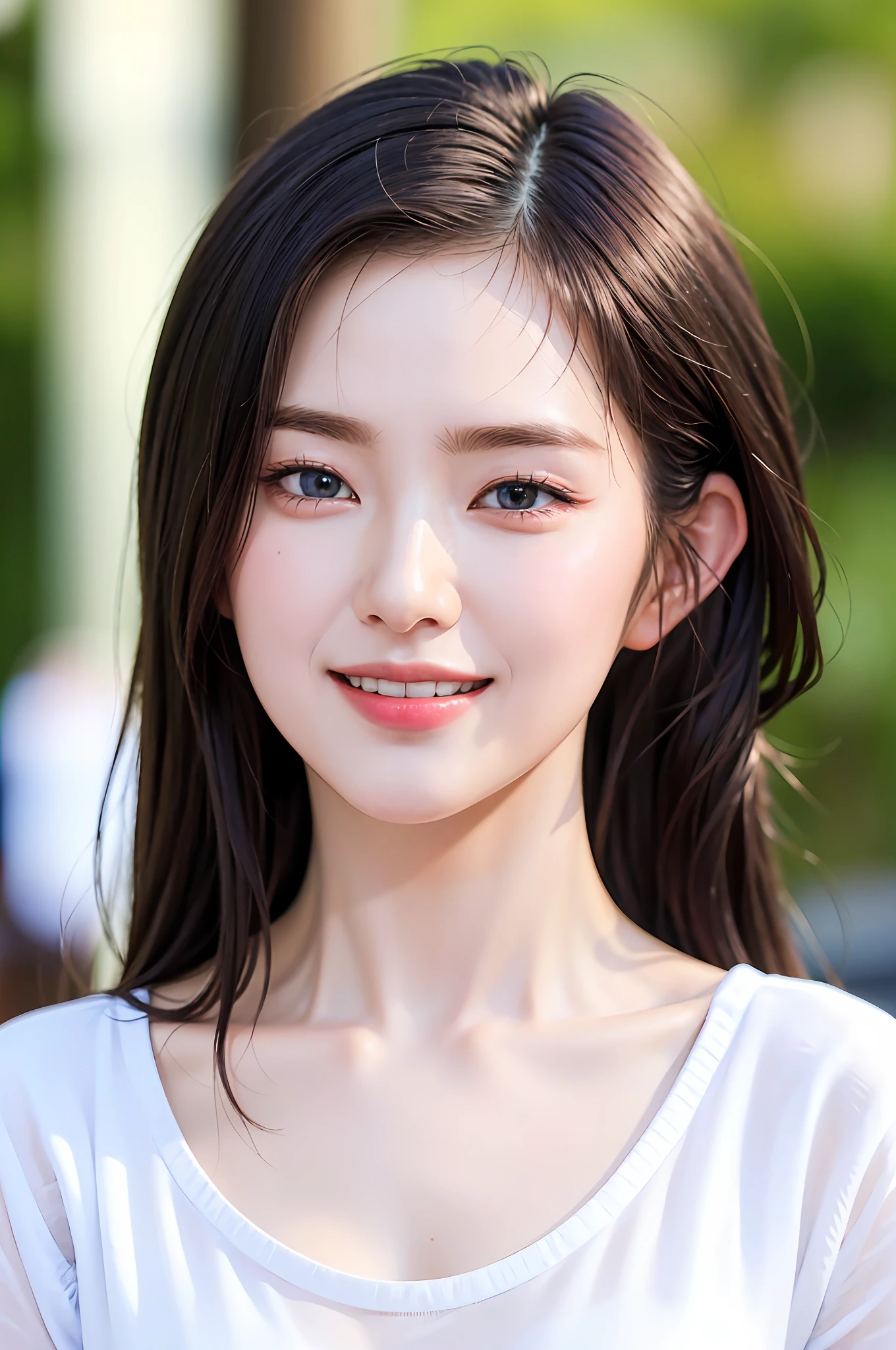 Highly detailed eyes, highly detailed face, best quality, masterpiece, highly detailed, ultra-detailed, (realistic, photorealistic: 1.3), smile, (facing forward), looking at the viewer, white shirt, sunny day, outdoors, full body of one girl