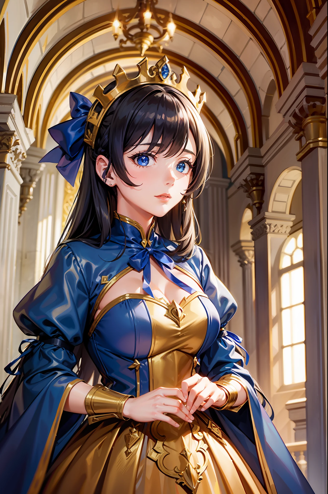 1 woman, medival, dark feeling, perfect female upper body, golden dress, blue ribbon, in the castle