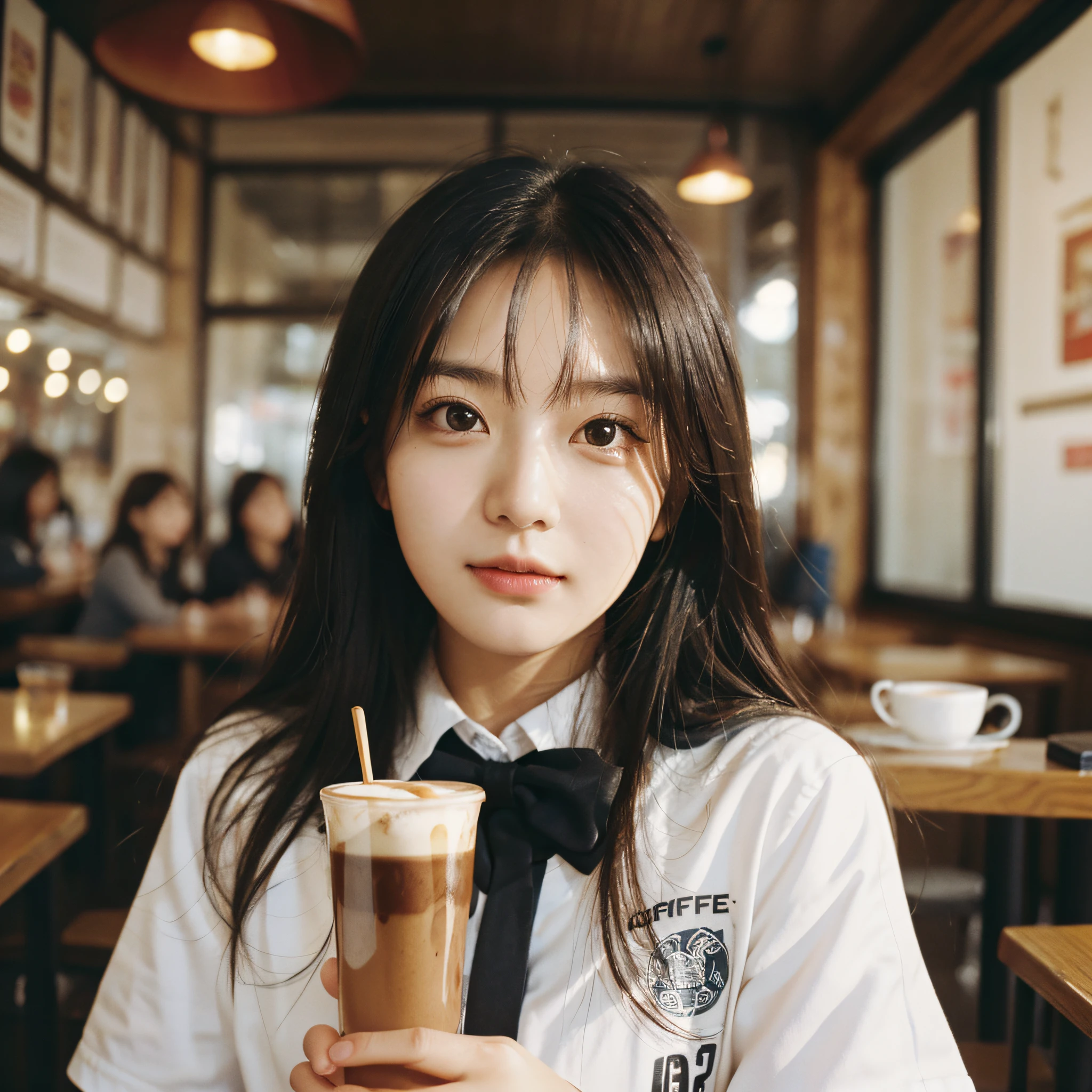 Best Quality, Masterpiece, Ultra High Resolution, (Realistic: 1.4), Original Photo, Head Photo, Skin, Simple Background, Black Eyes, Detail, Selfie, 1 Girl, Uniform, in a coffee shop, looking at the audience,
