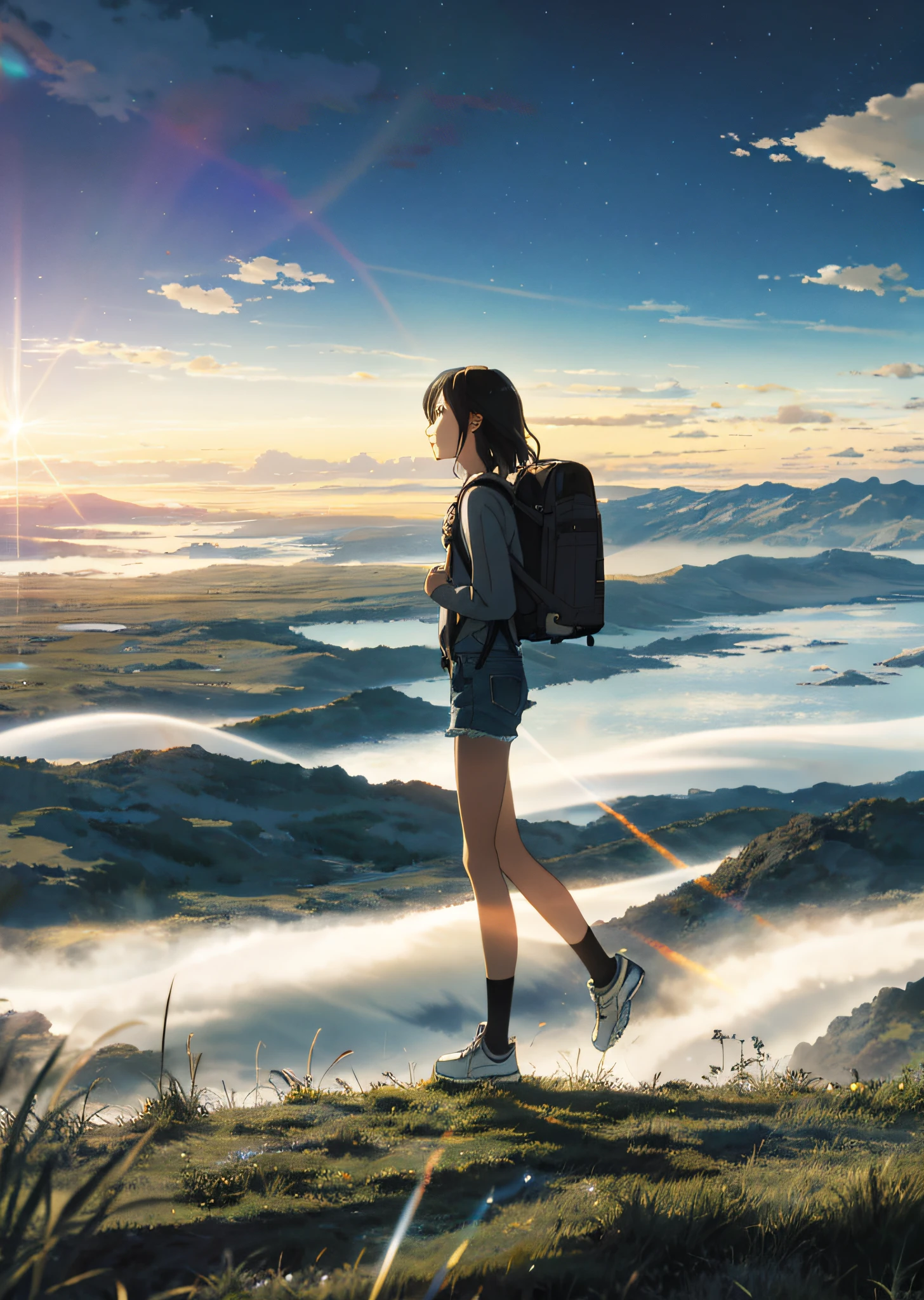 The vast sky, beautiful skyline, large grasslands, extremely tense and dramatic pictures, moving visual effects, the high-hanging Polaris, and colorful natural light. Long-sleeved top, denim shorts, and a girl with a backpack.