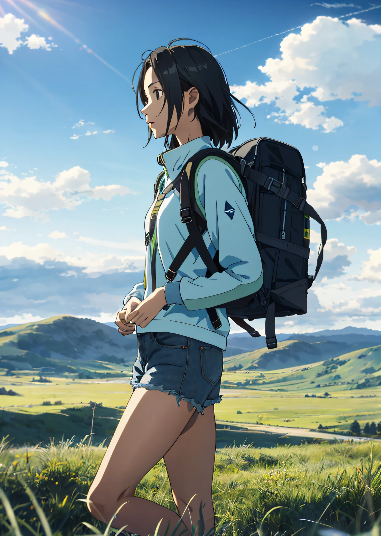 The vast sky, beautiful skyline, large grasslands, extremely tense and dramatic pictures, moving visual effects, the high-hanging Polaris, and colorful natural light. Long-sleeved top, denim shorts, and a girl with a backpack.