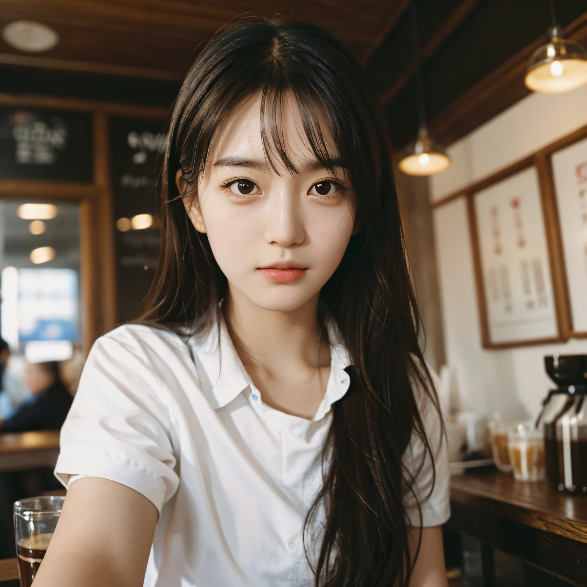 Best Quality, Masterpiece, Ultra High Resolution, (Realistic: 1.4), Original Photo, Head Photo, Skin, Simple Background, Black Eyes, Detail, Selfie, 1 Girl, Uniform, in a coffee shop, looking at the audience,