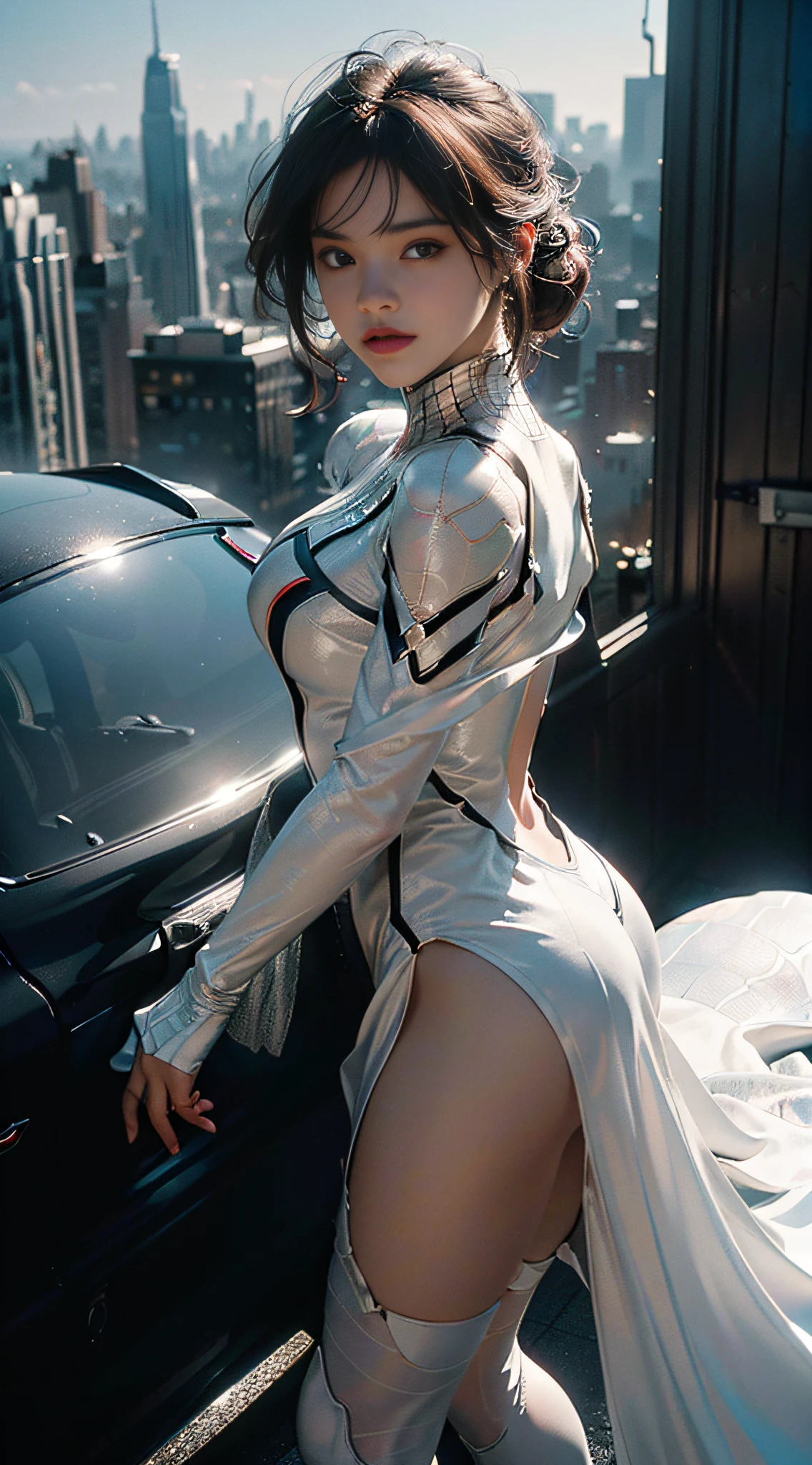 (Extreme Detail CG Unity 8K wallpaper, masterpiece, highest quality), (Exquisite lighting and shadow, highly dramatic graphics, Cinematic lens effect), (A girl in a white Spider-Man costume, from a parallel universe, city skyline in the background, dynamic pose), (excellent detail, outstanding lighting, wide angle), (excellent rendering, enough to stand out in its class)