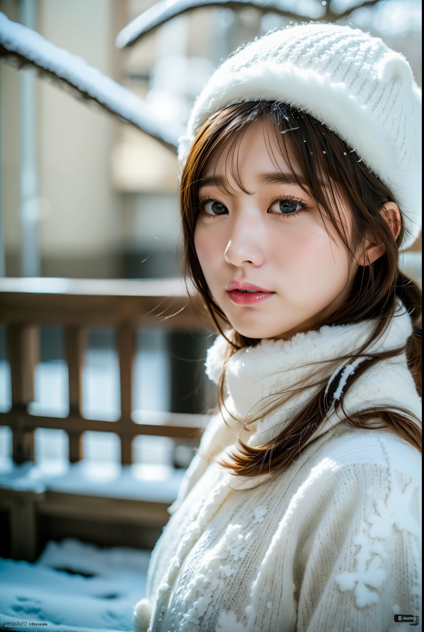 top quality, (super high definition), (very realistic), natural focus, girl, powder snowing, knitted hat, Japan person, one, (exhaling (white breath)), little distant eyes, natural light, long muffler, absurdity, ((((Big))))