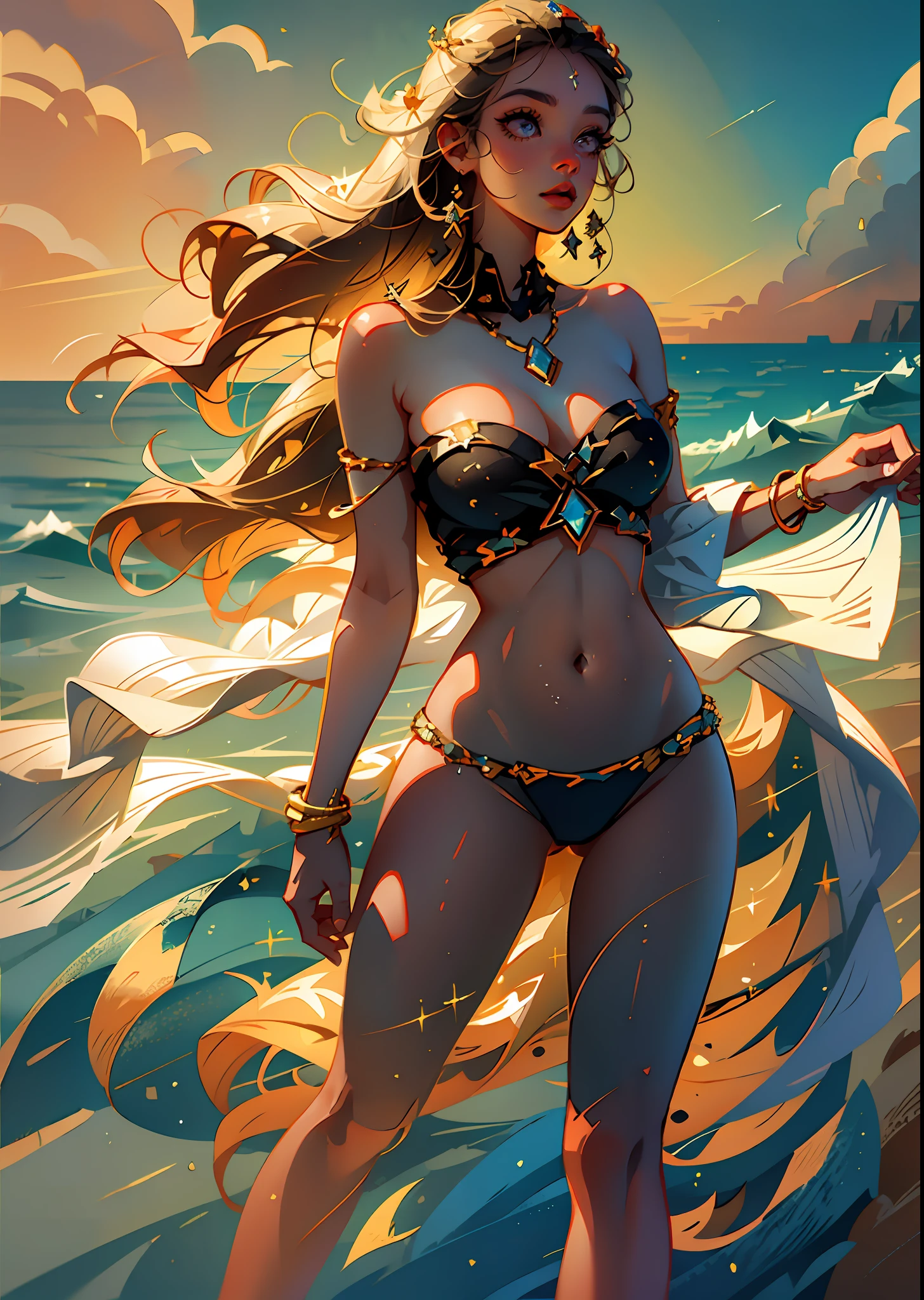 stunning beauty girl standing on the beach, the soft sand beneath her feet, the sparkling waves gently lapping at her ankles. Her long golden hair dances in the breeze, radiant face with a natural glow, The sun sets behind her, casting a warm orange hue across the sky and highlighting her flawless complexion. Her eyes twinkle with joy as she takes in the breathtaking view, radiating an effortless beauty