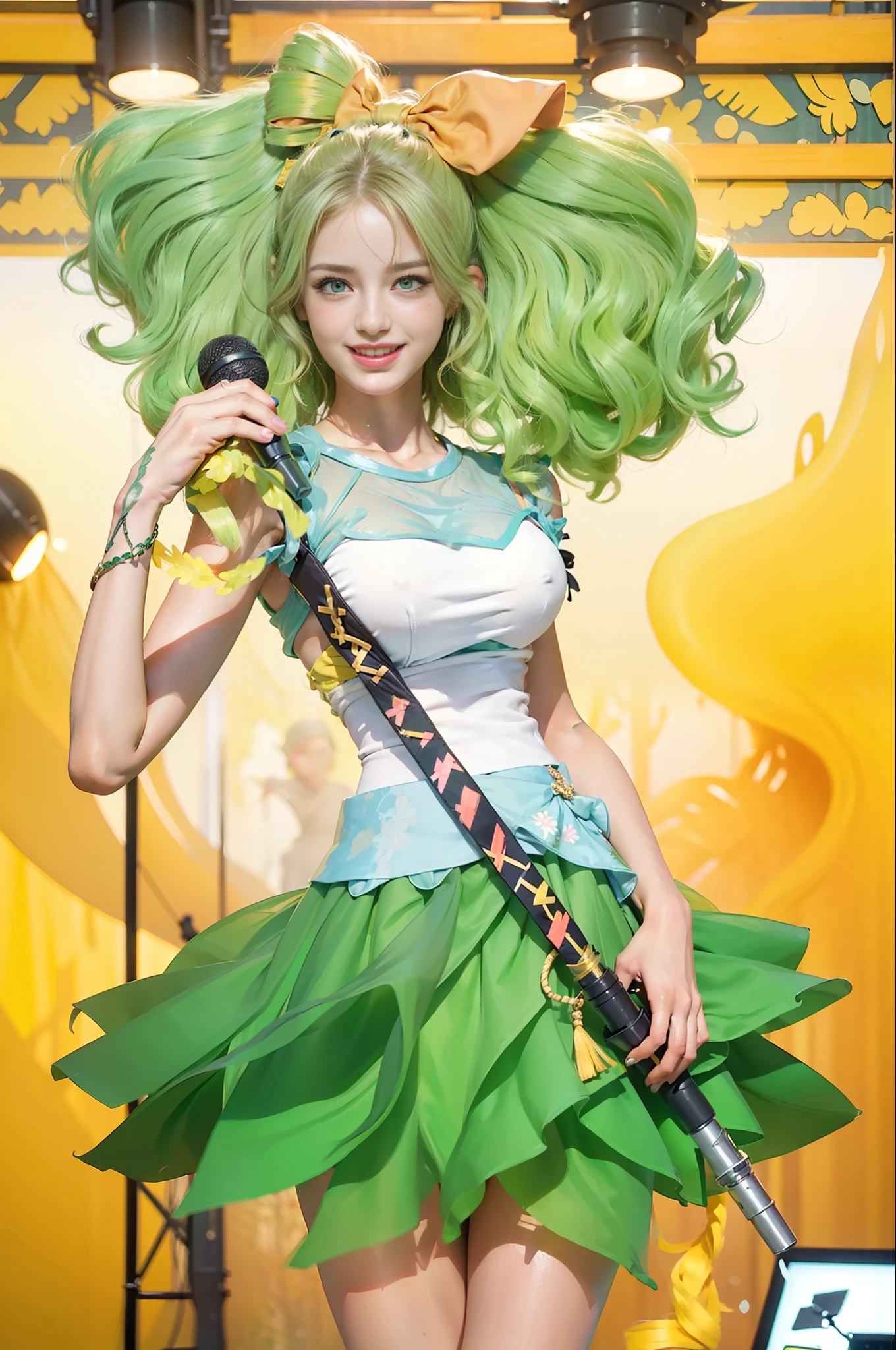 (female:1.2) (bodybuilder:0.8), hyper realistic, masterpiece, photorealistic, real skin, detailed face, detailed skin, detailed lighting, 1girl, (green eyes), long hair, curly hair, green hair, (yellow gradient hair) , half hair, multiple colour hair, hair bow, large breasts, smile, leaf skirt, holding microphone, solo, singing pose, thigh