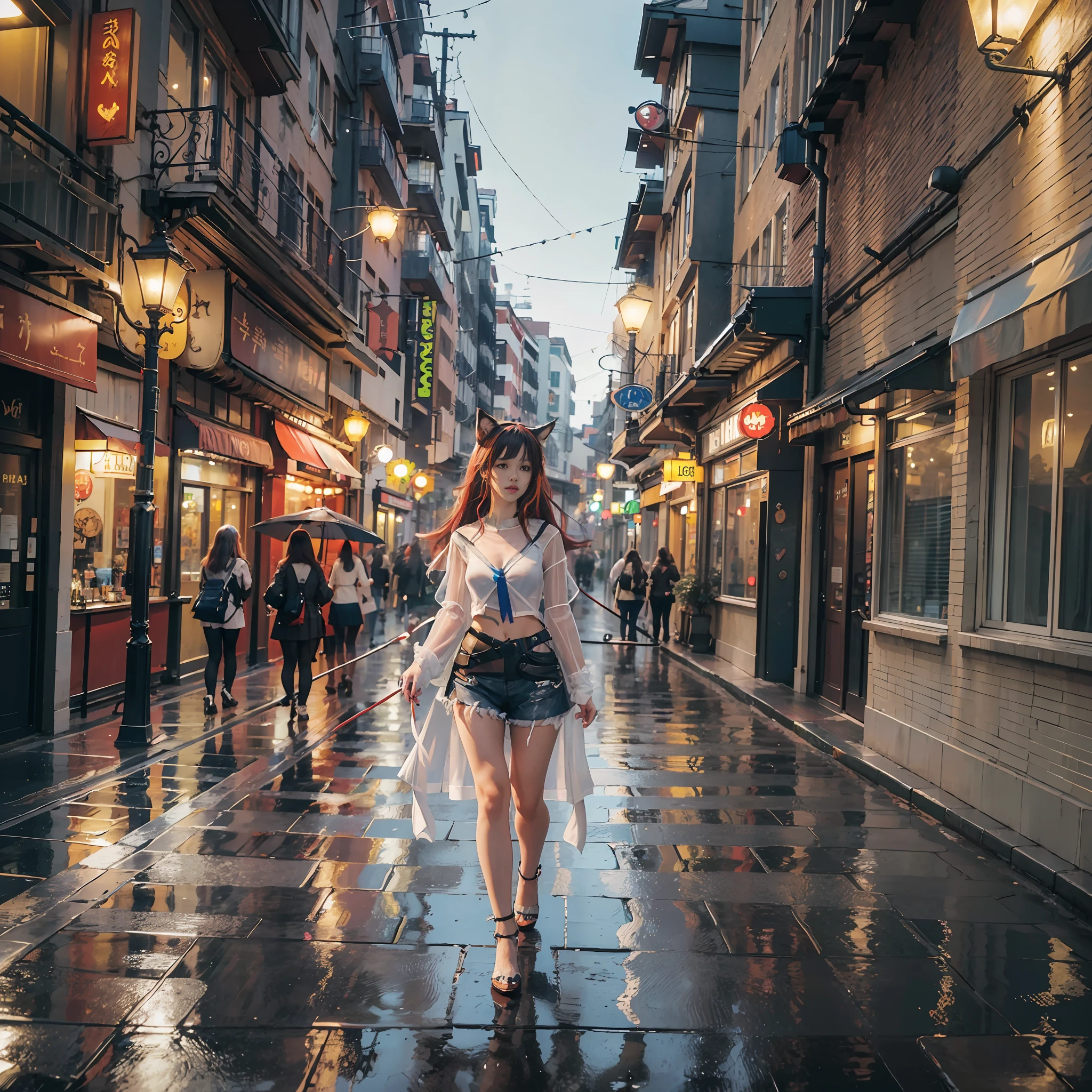 (8k, RAW photo, high sensitivity, best quality, masterpiece, ultra high resolution, fidelity: 1.25), half-body, dog ears, (night), rain, walking, city lights, transparent, white top, red hair