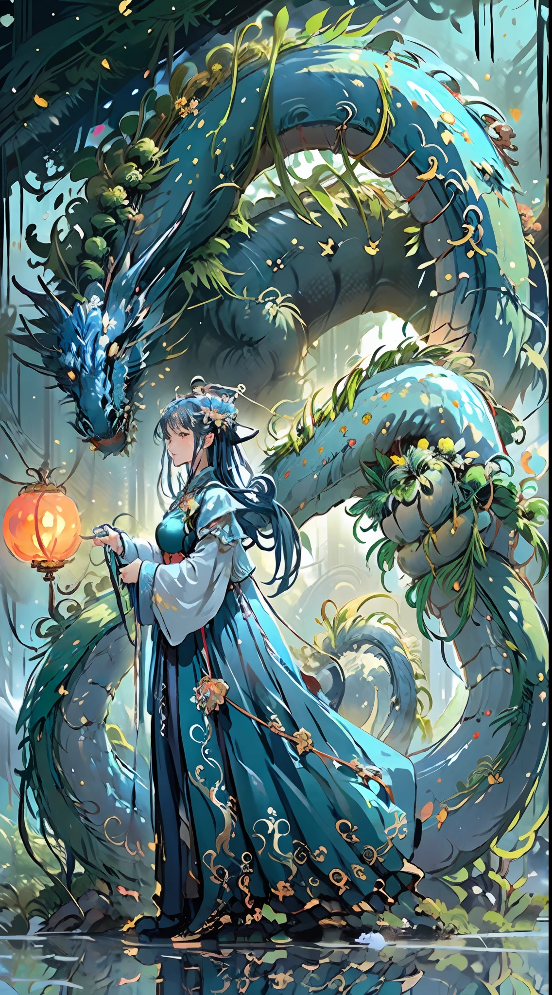 Dragon_Real,Flame Long dragon,Chinese dragon,paws,serpentine body,sharp eyes,((best quality)),((masterpiece)),((realistic)),((18-year-old girl in Chinese clothes, flowing hair adorned with a beautiful hair ornament, standing amidst flying flower petals with a majestic dragon wrapped around her)),Haircut model by Choppy layers,possed is Standing in the doorway pose,sharp grey-blue,shooting angle is Bird's-eye view,
Be mesmerized by the enchanting sight of an 18-year-old girl donned in elegant Chinese attire,her flowing hair gracefully embellished with a captivating hair ornament. As flower petals sway in the wind around her,a majestic dragon wraps its serpentine body around her,creating a scene of mythical allure. Immersed in the deepest jungle river of a rainforest village,the lush greenery and vibrant flora surround them. Runes adorn the landscape,imbuing an air of ancient mysticism. The duo stands atop a mist-covered mountain,where snow-capped peaks reach for the sky. Soft light illuminates the girl's face,casting gentle shadows and capturing her ethereal beauty. Bokeh and distant neon lights add a touch of magic from afar,creating a dreamlike ambiance. The blurry background further enhances the cinematic quality,drawing attention to the splendid and hyper-detailed composition. Prepare to be captivated by the seamless blend of natural elements and fantasy in this artistic masterpiece.,