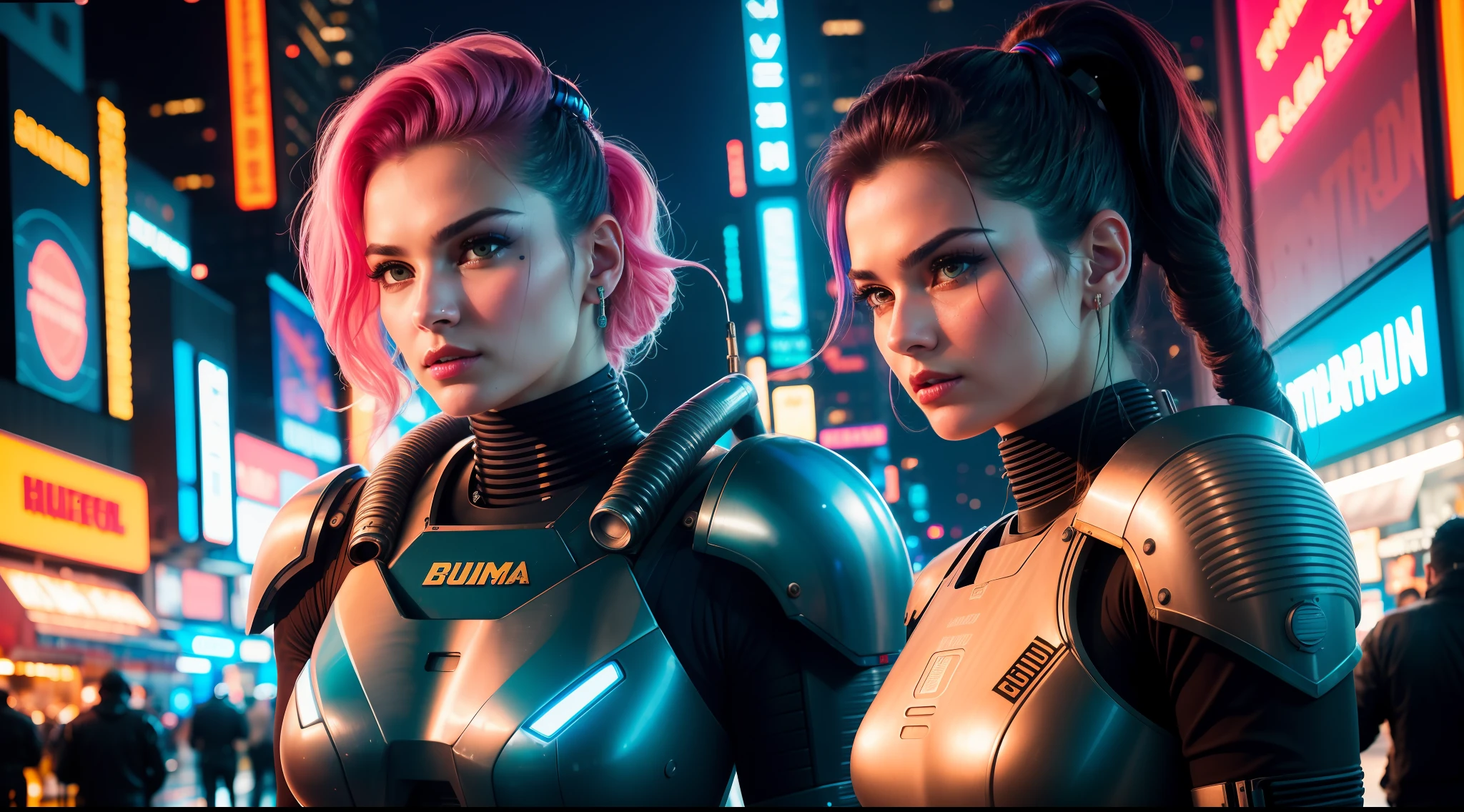 photo of a Bulma wearing a starship troopers suit, lipstick, in a street bustling with neon signs, starship troopers aesthetics, cyberpunk aesthetics, long hair, ((portrait)), ((detailed face:1.2)), ((detailed facial features)), (finely detailed skin), pale skin, (detailed high neckline cyberpunk cyberpunk steel dress), cyberpunk megacity environment, (cool colors), damp, damp, reflections, (masterpiece) (perfect proportion)(realistic photo)(best quality) (detailed) Shot on a Canon EOS R5, 50mm Lens, F/2.8, HDR, (8k) (wallpaper) (cinematic lighting) (dramatic lighting) (sharp focus) (intricate)