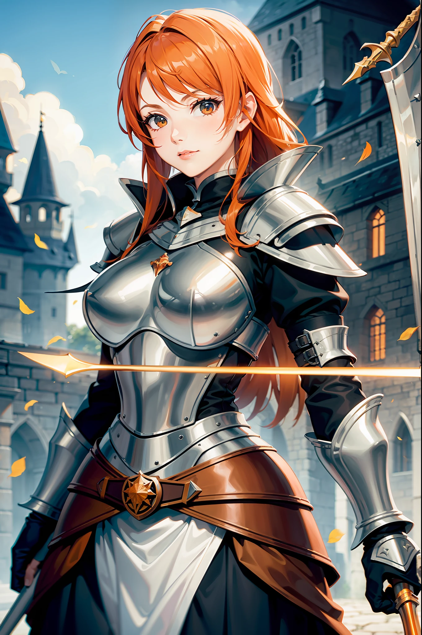 1 woman, medival, dark feeling, perfect female upper body, armor, orange hair, spear, flag, in the castle