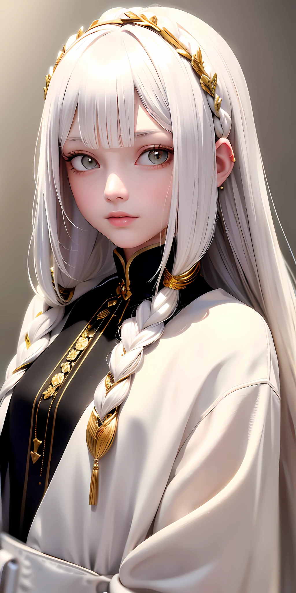 best quality, masterpiece,white hair, gold eyes,white clothes, looking up, upper body,hair strand,Fair skin,side braids