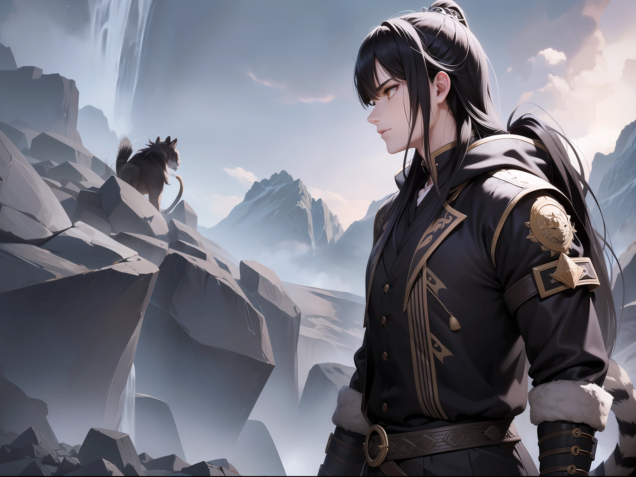 a young male and a small tiger pet, walk into the foggy area, mountain and rocks, a dragon flying and looking at the ager, lighting and rain, black hair, white hair, long hair, ray tracing, reflection light, close-up, Wide-Angle, panorama, masterpiece, high quality, best quality, high details, ccurate, super detail, anatomically correct, highres, UHD, HD