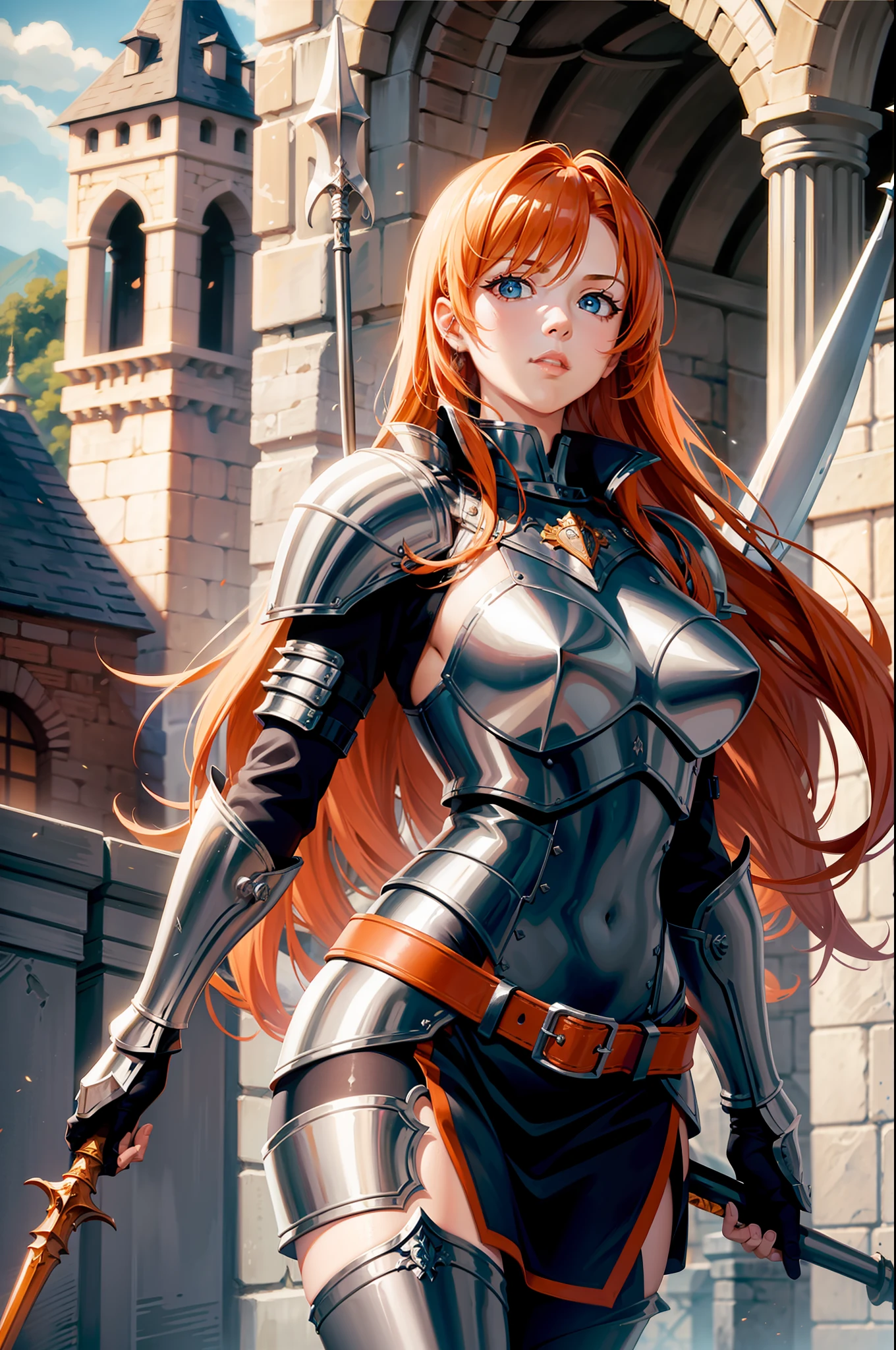 1 woman, medival, dark feeling, perfect female upper body, armor, orange hair, spear, flag, in the castle
