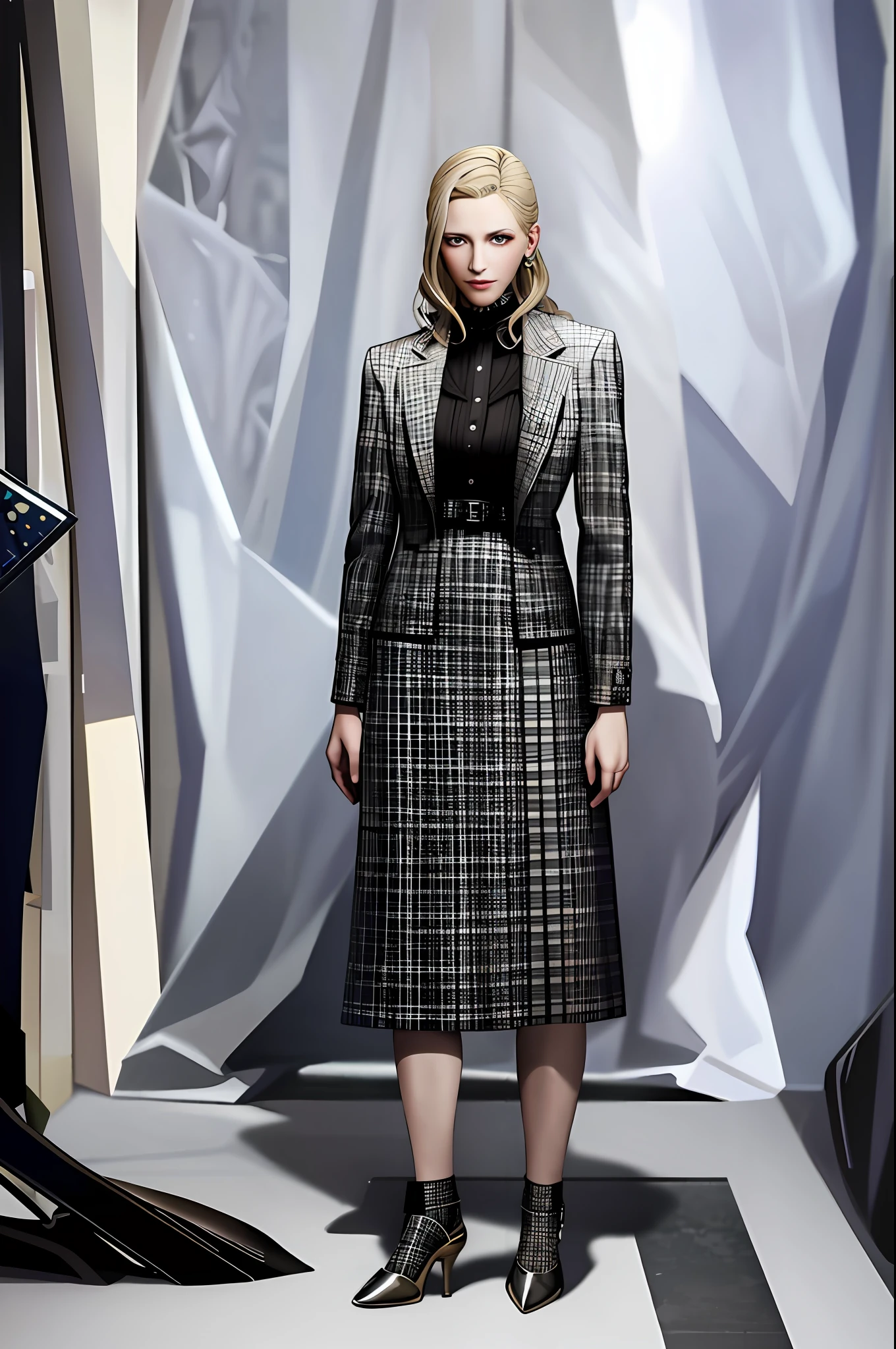 arafed woman in a plaid coat and skirt standing in a room, official jil sander editorial, modern maximalist suit, eva elfie, by Emma Andijewska, official dior editorial, official valentino editorial, official prada editorial, aleksandra waliszewska, by Lucette Barker, thom browne, plaid skirt, girl in suit