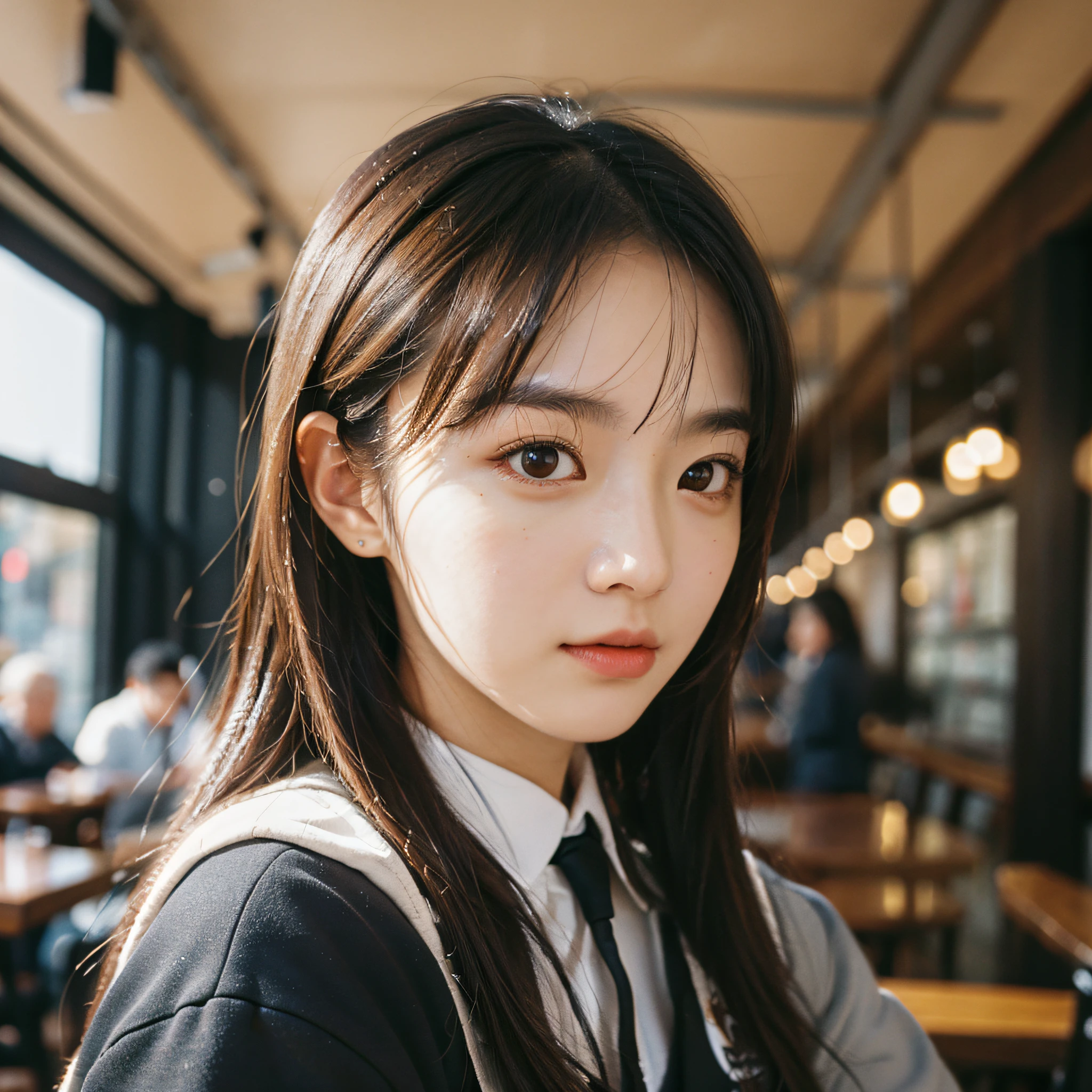 Best Quality, Masterpiece, Ultra High Resolution, (Realistic: 1.4), Original Photo, Head Photo, Skin, Simple Background, Black Eyes, Detail, Selfie, 1 Girl, Uniform, in a coffee shop, looking at the audience,