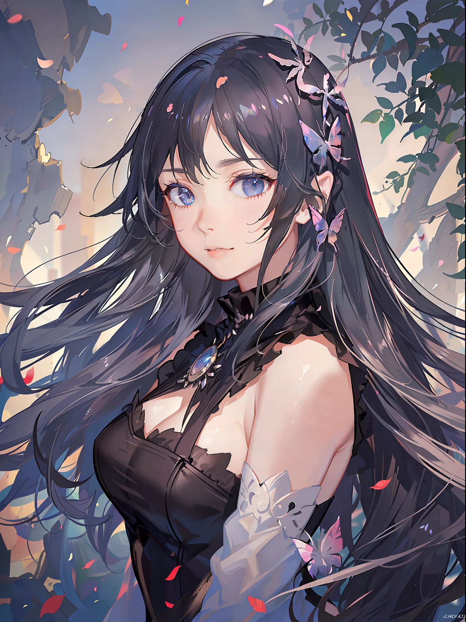 a beautiful female, hold a wind element ball, butterflies, wind dragon shows up in shadow, lake wink, gradient hair, black hair, silver hair, long hair, hair behind ear, eye reflection, cowboy shot, panorama, stereogram, ray tracing, reflection light, chiaroscuro, masterpiece, best quality, high quality, ccurate, anatomically correct, textured skin, high details, UHD, HD