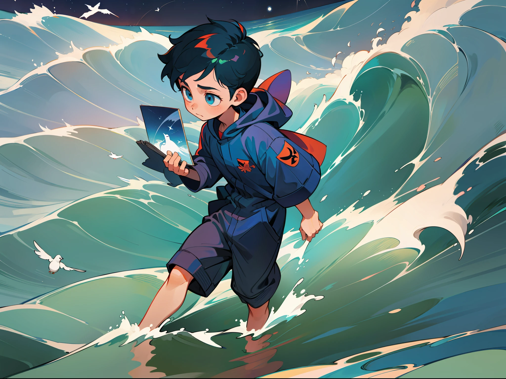 The boy stands in the middle of the waves, the waves flood the boy's lower body, the littlehows his upper body, the birds fly around the little boy, up view, picture book style, colorful, beautiful night light