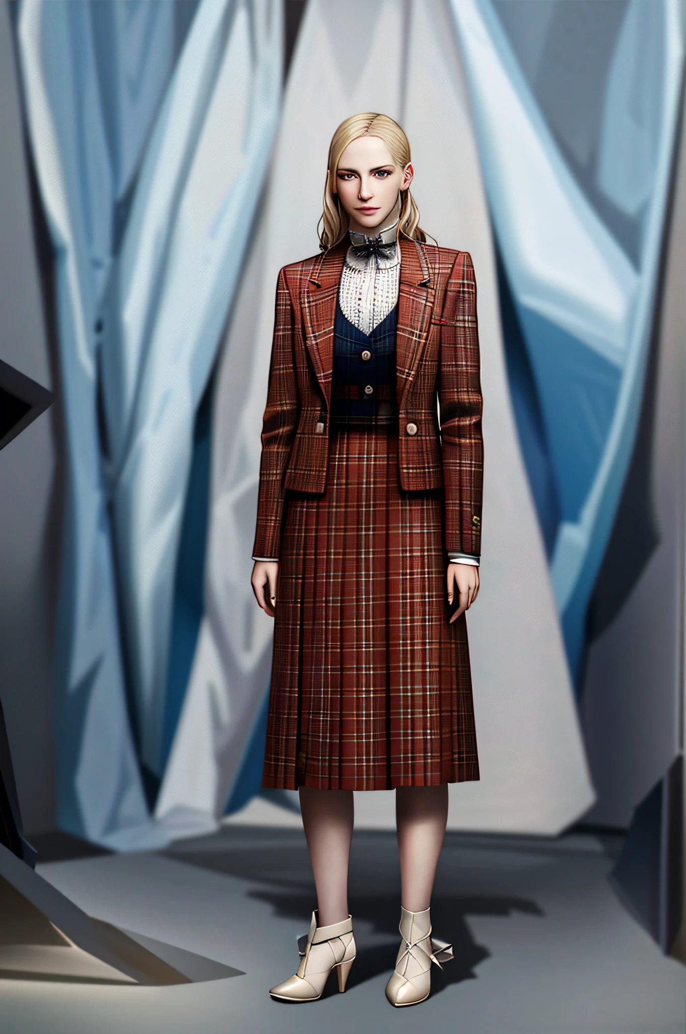 arafed woman in a plaid coat and skirt standing in a room, official jil sander editorial, modern maximalist suit, eva elfie, by Emma Andijewska, official dior editorial, official valentino editorial, official prada editorial, aleksandra waliszewska, by Lucette Barker, thom browne, plaid skirt, girl in suit