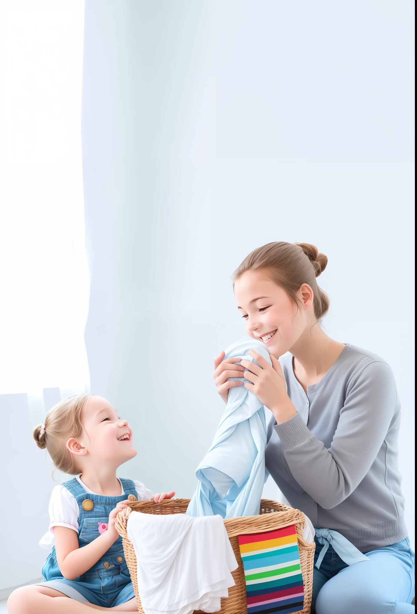 Women and children sitting on the floor, holding clothes framed to smell, enjoying, having fun, photos taken with Nikon D 7 5 0, photos taken with Nikon D750, warm and joyful atmosphere, stock image, child on left, woman on right