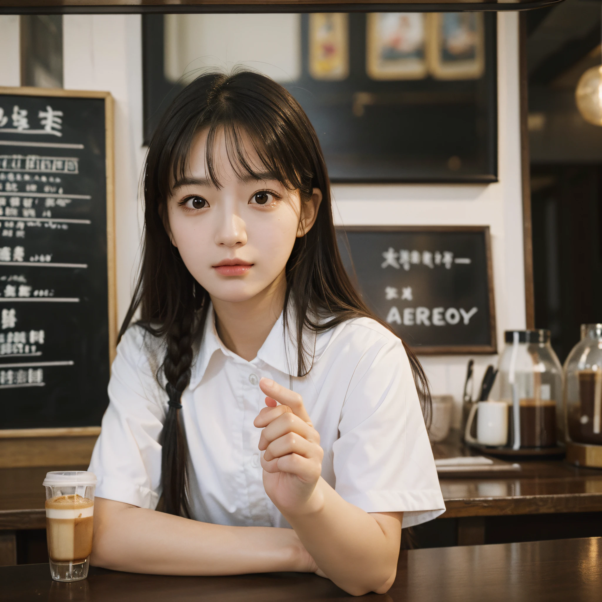 Best Quality, Masterpiece, Ultra High Resolution, (Realistic: 1.4), Original Photo, Head Photo, Skin, Simple Background, Black Eyes, Detail, Selfie, 1 Girl, Uniform, in a coffee shop, looking at the audience,