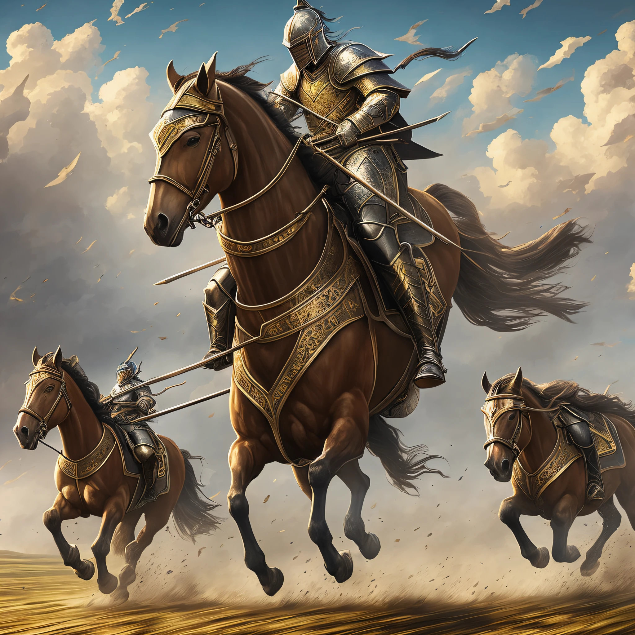 Horse running in field, man riding on one horse, cavalry charge, heavy cavalry, horse racing concept art, cavalry, knight in battle, Chinese Tang dynasty lord general, golden armor, wind and cloud mutation, in battle,, detailed game art illustration --auto --s2
